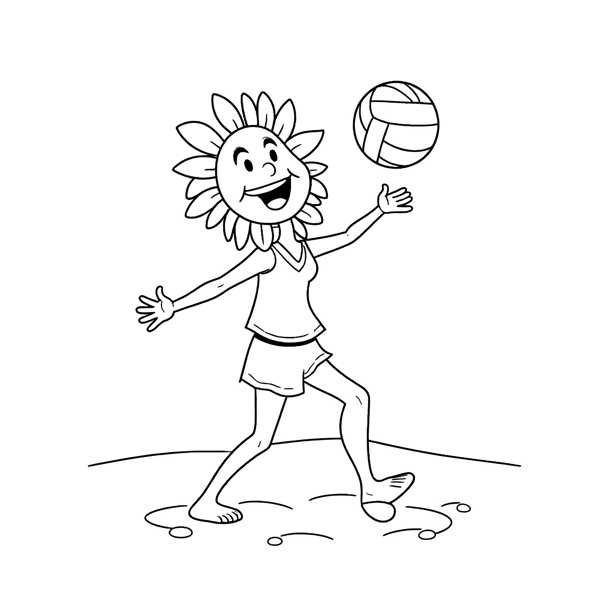 Sunflower playing joyfully with volleyball Coloring Page (free black-and-white line drawing printable PDF for all, from beginners to advanced learners, including children, teens, adults, and seniors)