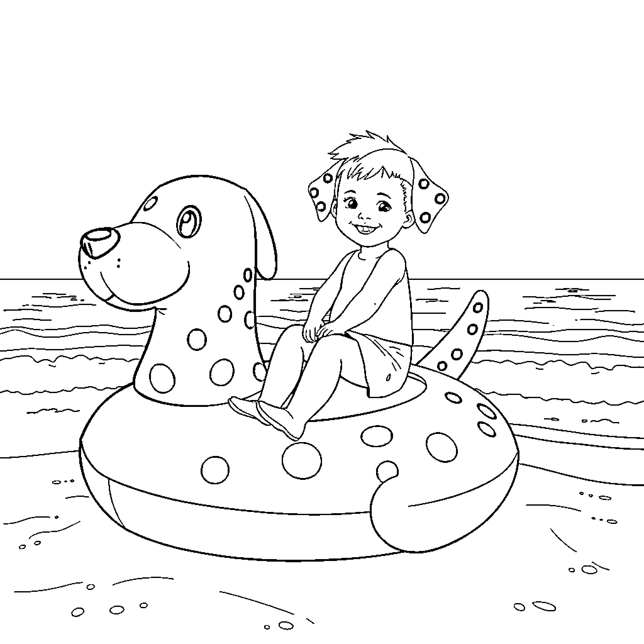 Dalmatian and child playing together on the beach Coloring Page (free black-and-white line drawing printable PDF for all, from beginners to advanced learners, including children, teens, adults, and seniors)