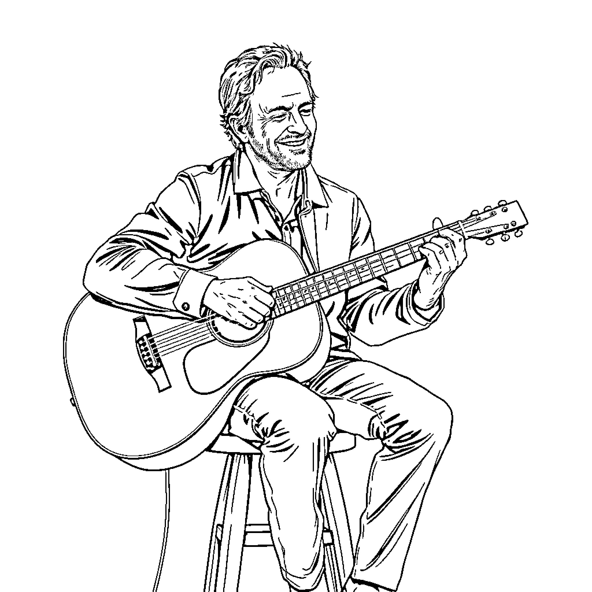 James Taylor performing with acoustic guitar Coloring Page (free black-and-white line drawing printable PDF for all, from beginners to advanced learners, including children, teens, adults, and seniors)