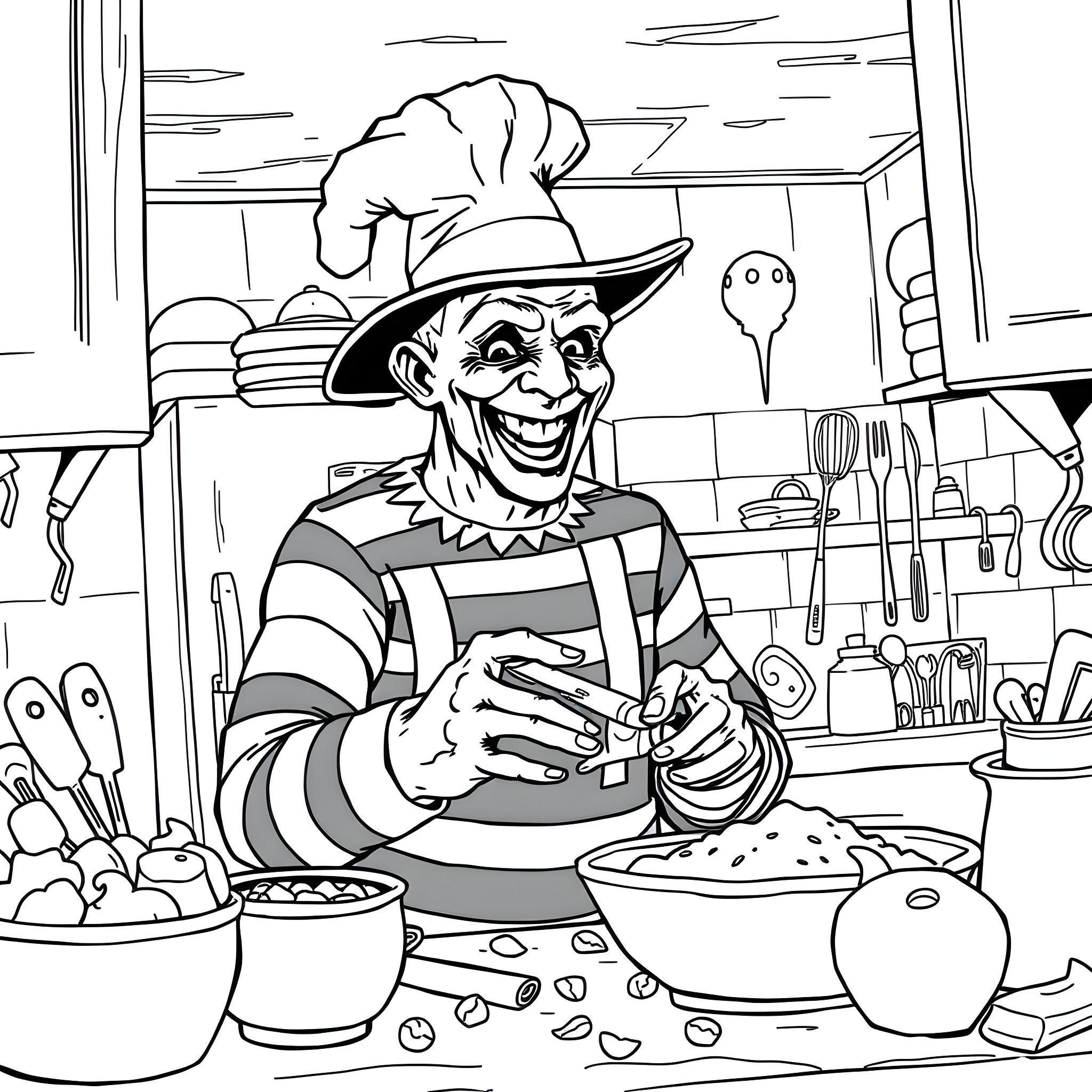 Freddy Krueger Cooking Up Mischief in the Kitchen Coloring Page (free black-and-white line drawing printable PDF for all, from beginners to advanced learners, including children, teens, adults, and seniors)