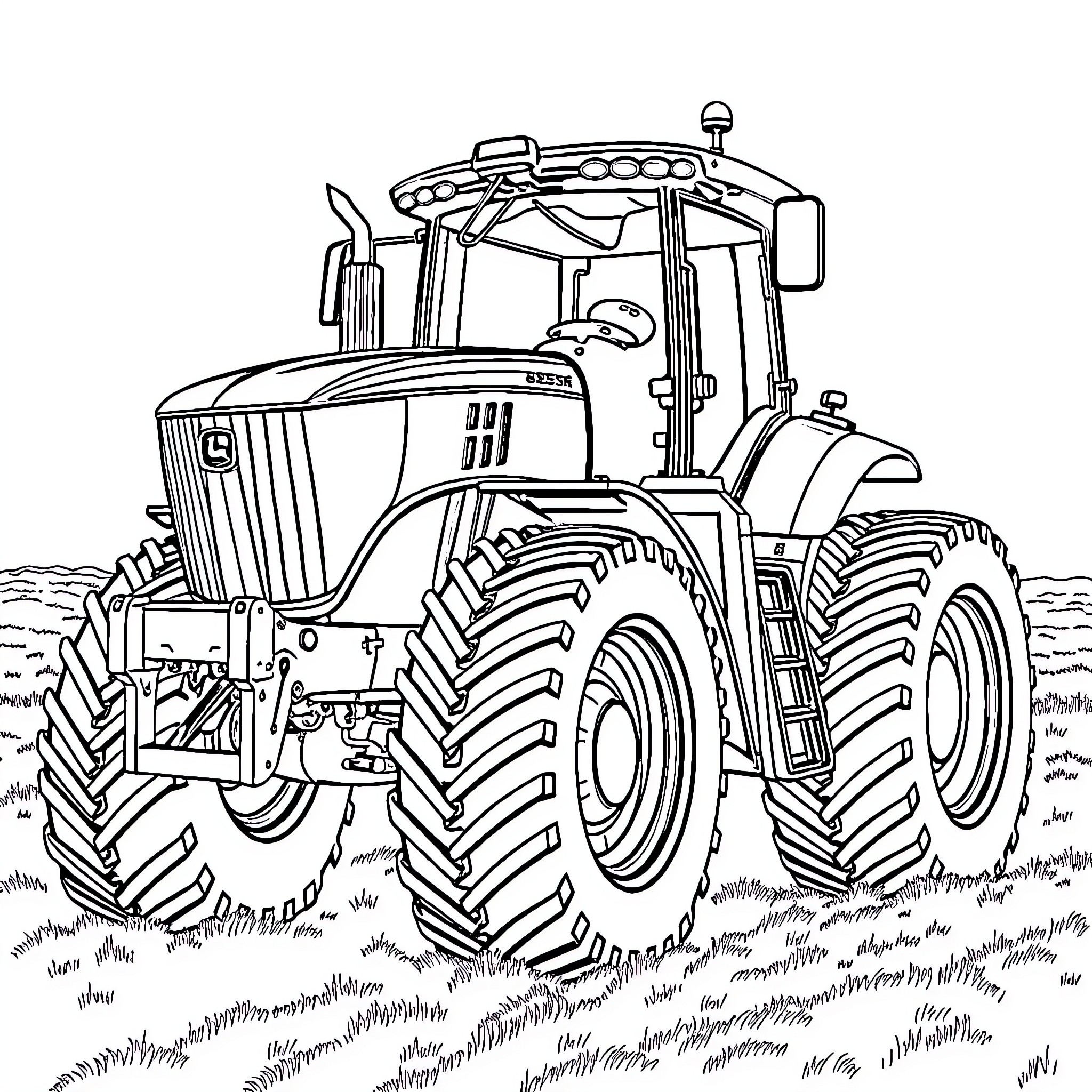 John Deere Tractor Plowing the Field Coloring Page (free black-and-white line drawing printable PDF for all, from beginners to advanced learners, including children, teens, adults, and seniors)