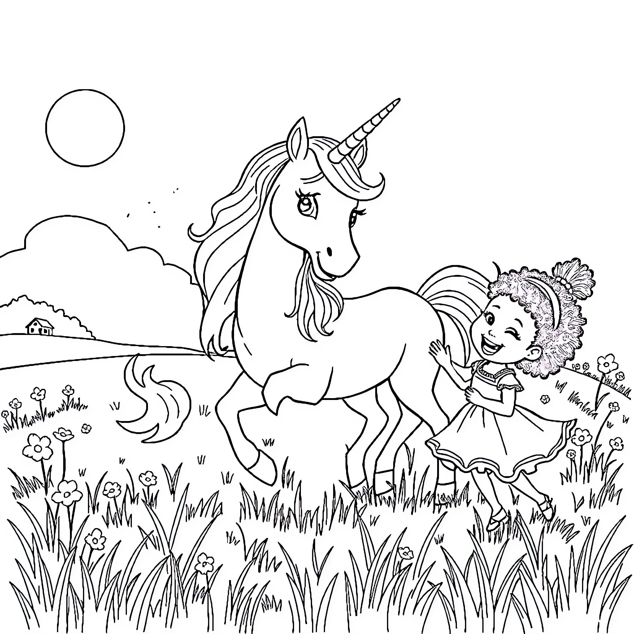 Unicorn and young girl playing in a field Coloring Page (free black-and-white line drawing printable PDF for all, from beginners to advanced learners, including children, teens, adults, and seniors)