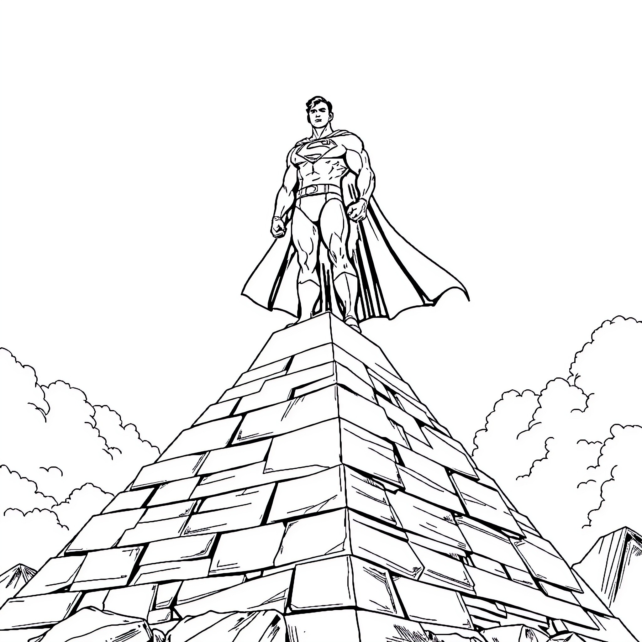 Superman standing tall on ancient pyramid Coloring Page (free black-and-white line drawing printable PDF for all, from beginners to advanced learners, including children, teens, adults, and seniors)