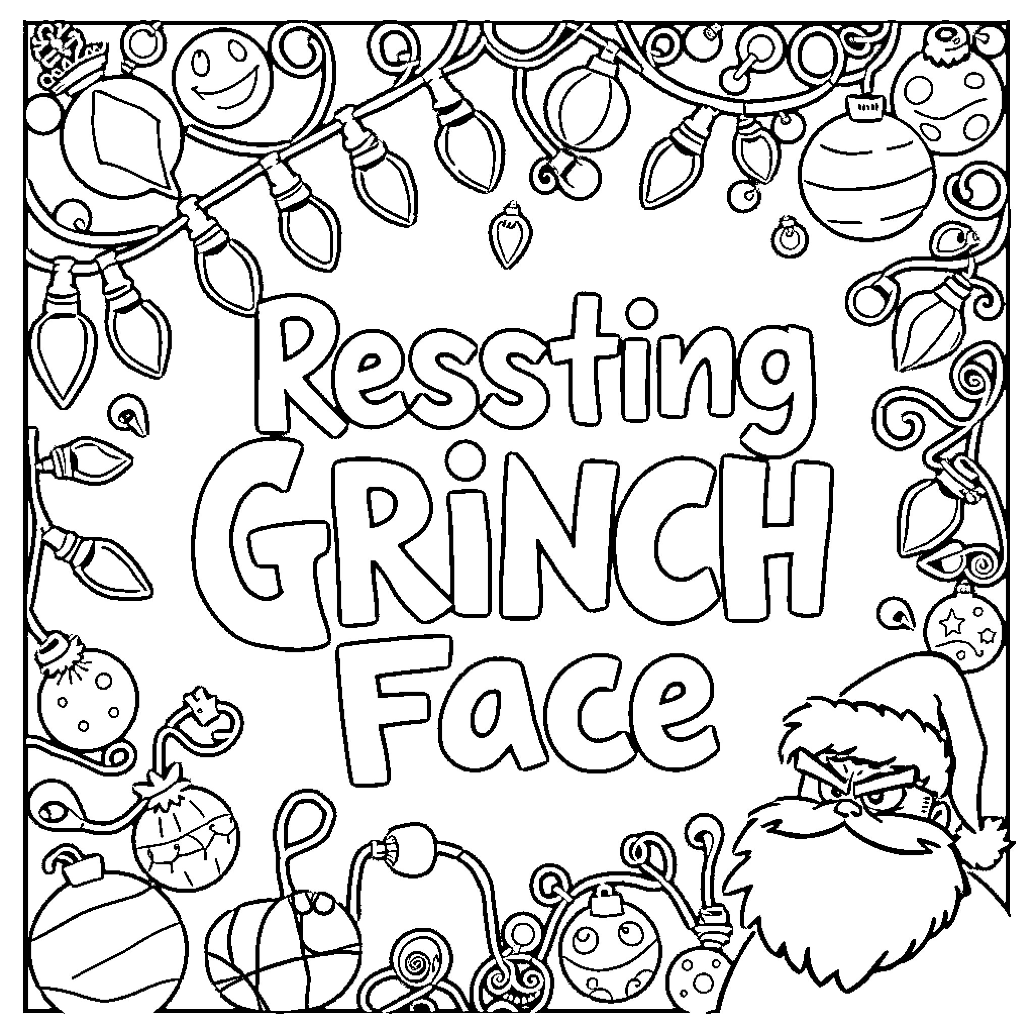 Grinch resting with quirky holiday decorations Coloring Page (free black-and-white line drawing printable PDF for all, from beginners to advanced learners, including children, teens, adults, and seniors)