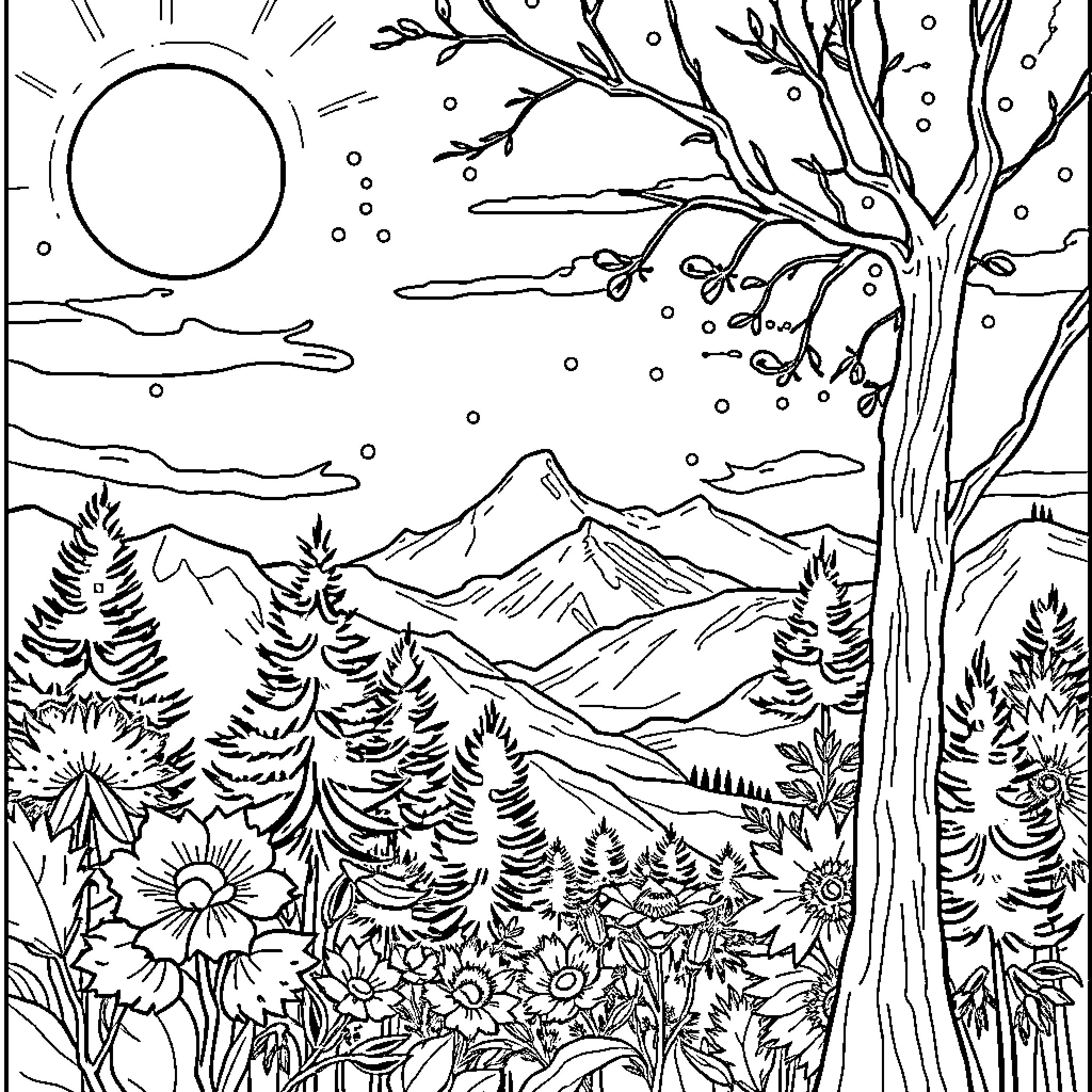 Lermontov's Wintry Mountain Landscape Coloring Page (free black-and-white line drawing printable PDF for all, from beginners to advanced learners, including children, teens, adults, and seniors)