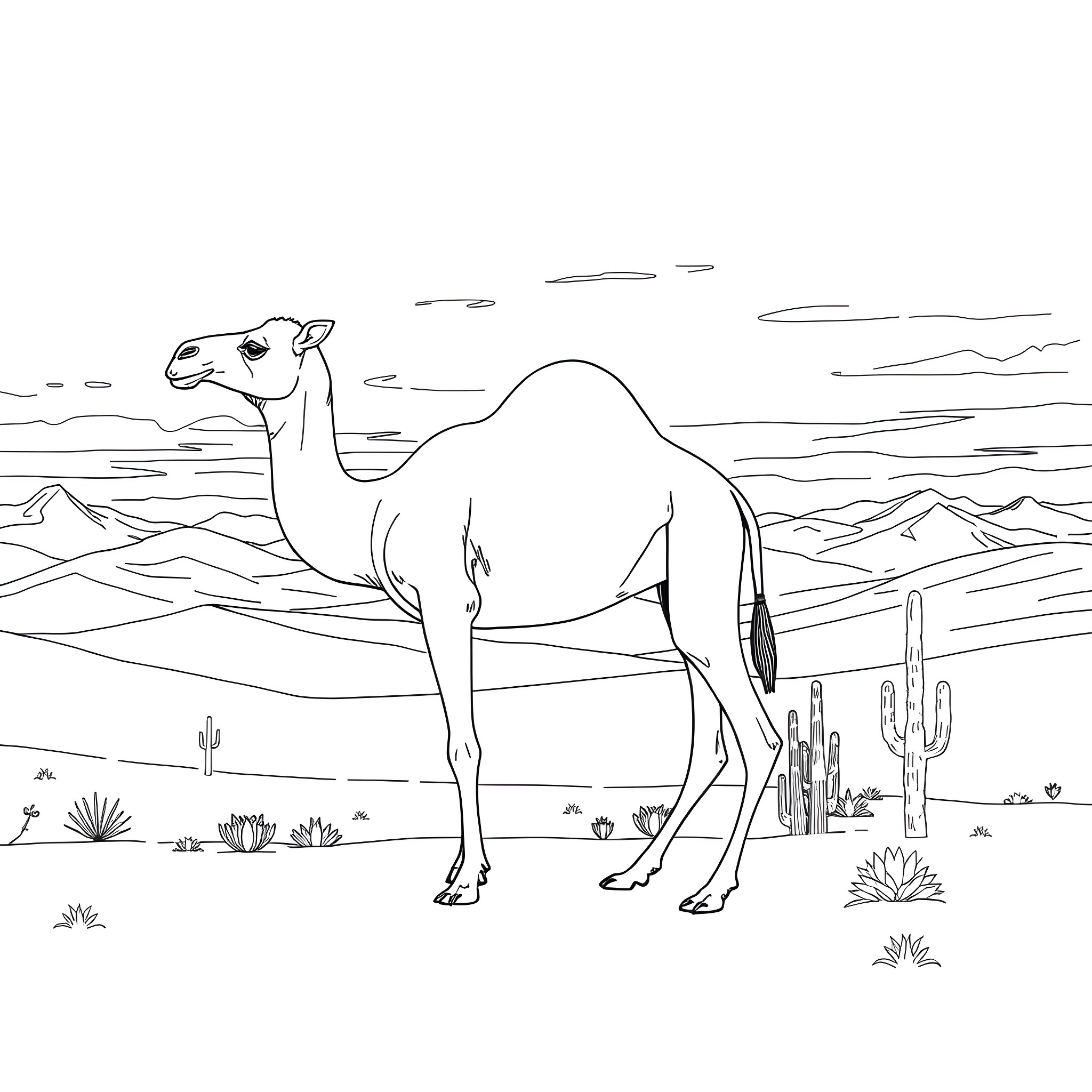 Camel walking through the desert landscape Coloring Page (free black-and-white line drawing printable PDF for all, from beginners to advanced learners, including children, teens, adults, and seniors)