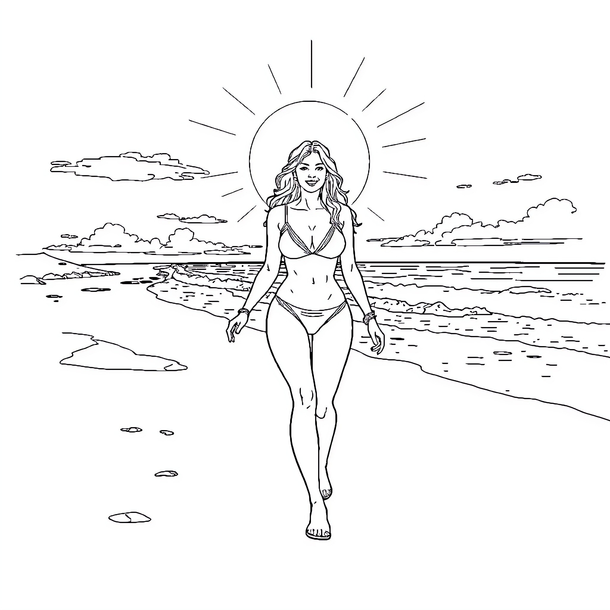 Pamela Anderson walks on the beach in swimsuit Coloring Page (free black-and-white line drawing printable PDF for all, from beginners to advanced learners, including children, teens, adults, and seniors)