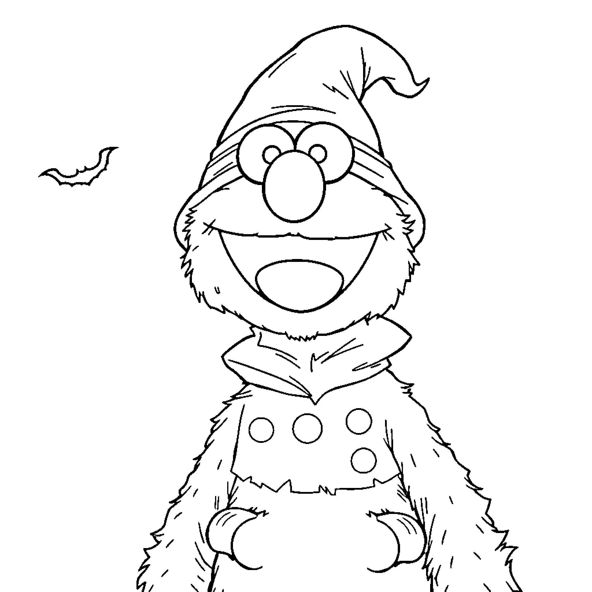 Elmo dressed up as a spooky character Coloring Page (free black-and-white line drawing printable PDF for all, from beginners to advanced learners, including children, teens, adults, and seniors)