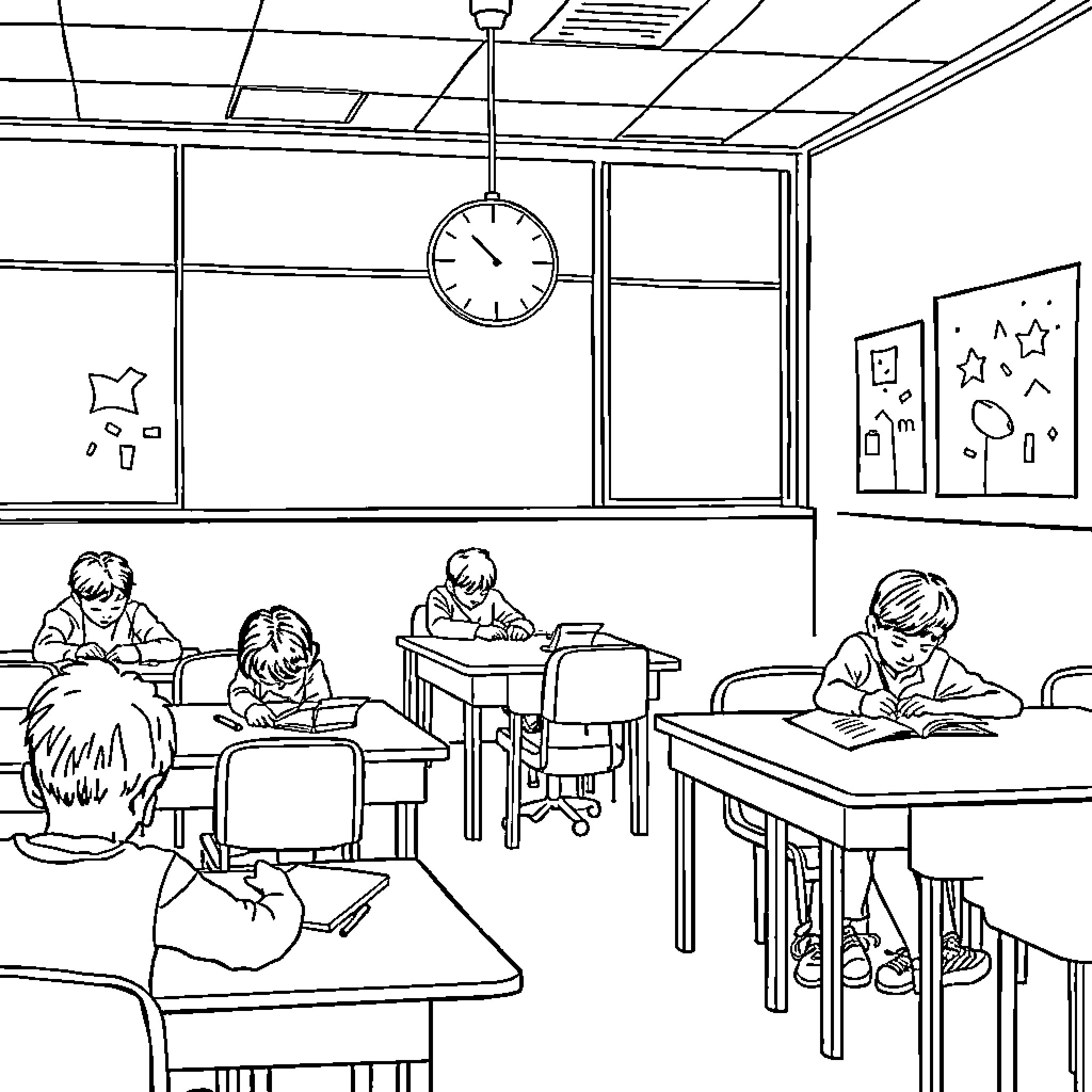 Students studying diligently in the classroom Coloring Page (free black-and-white line drawing printable PDF for all, from beginners to advanced learners, including children, teens, adults, and seniors)