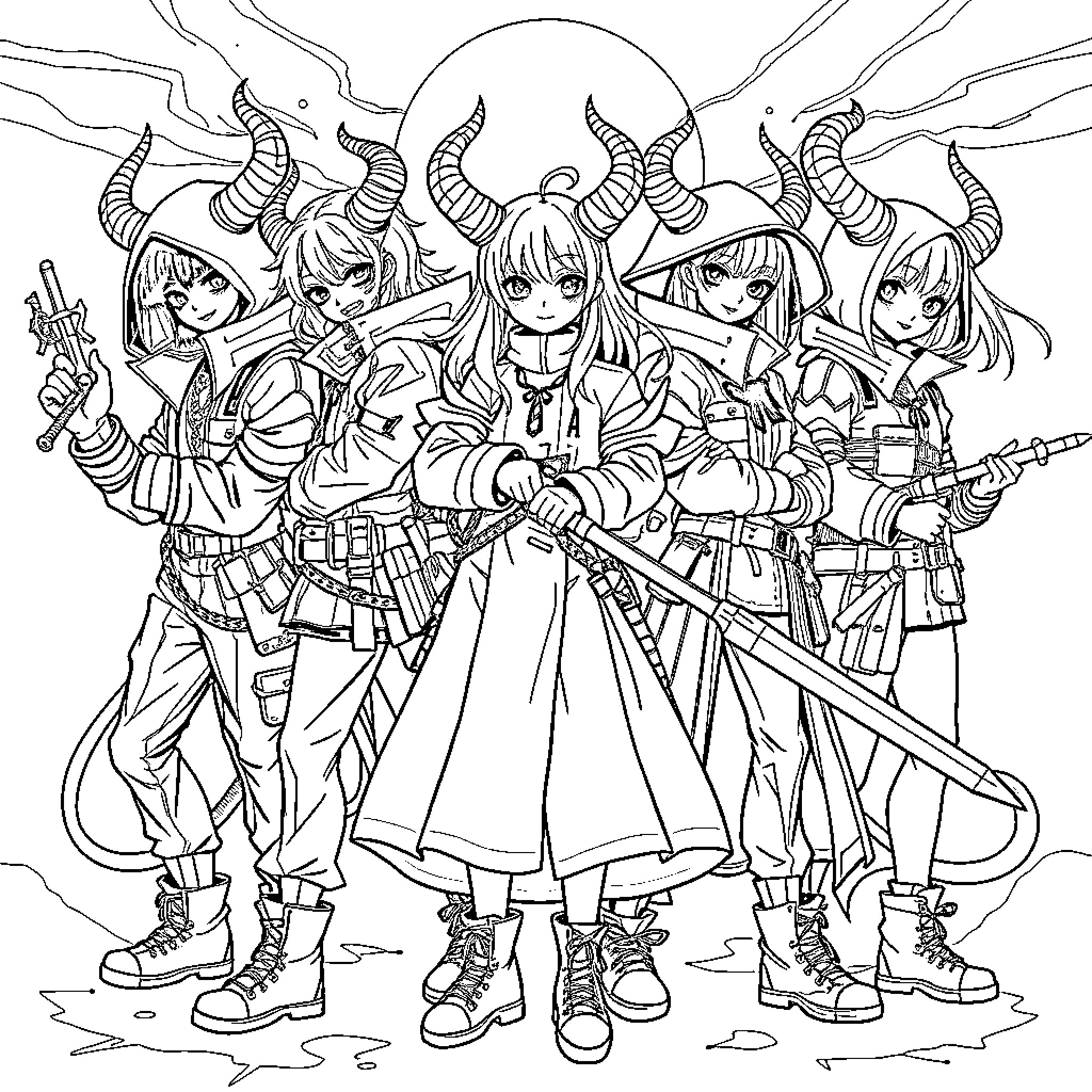 Demon Hunter Squad in Battle Gear Coloring Page (free black-and-white line drawing printable PDF for all, from beginners to advanced learners, including children, teens, adults, and seniors)