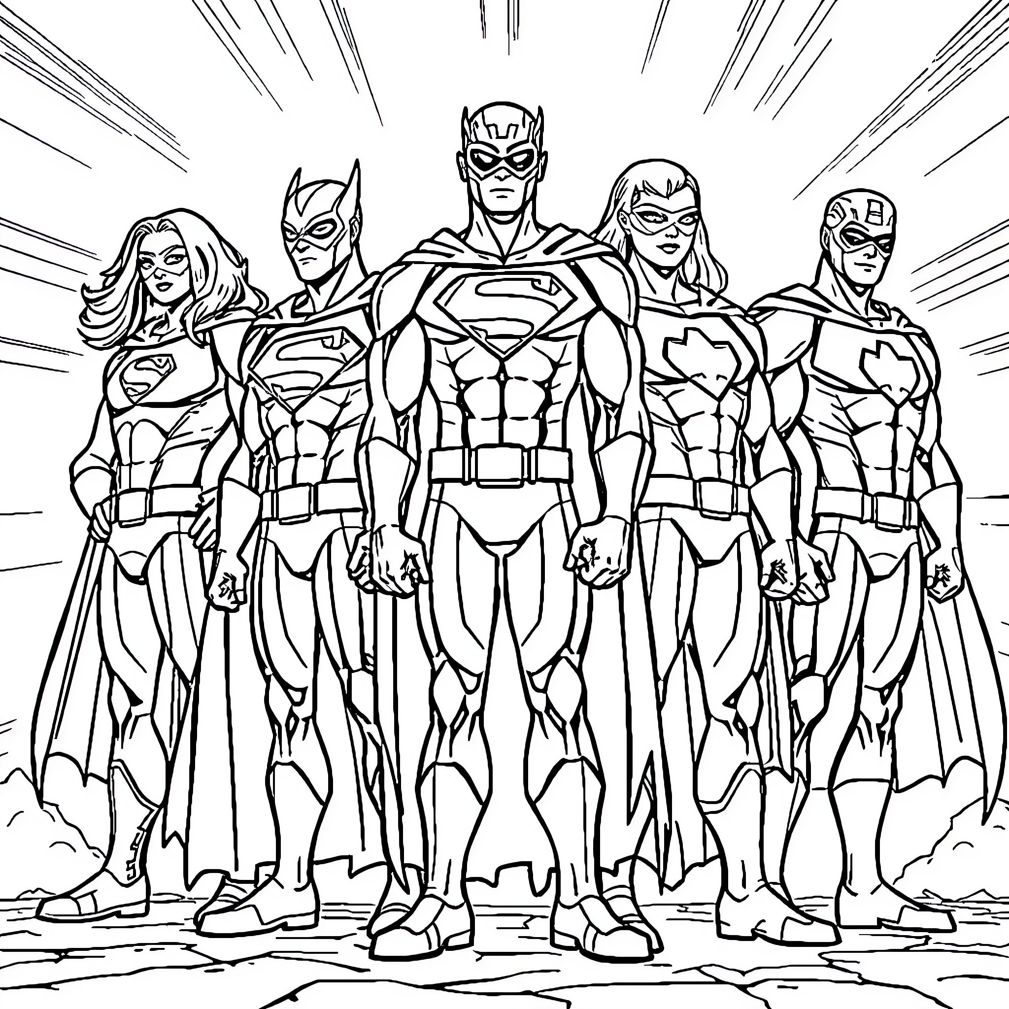 Superhero team in action-ready poses Coloring Page (free black-and-white line drawing printable PDF for all, from beginners to advanced learners, including children, teens, adults, and seniors)