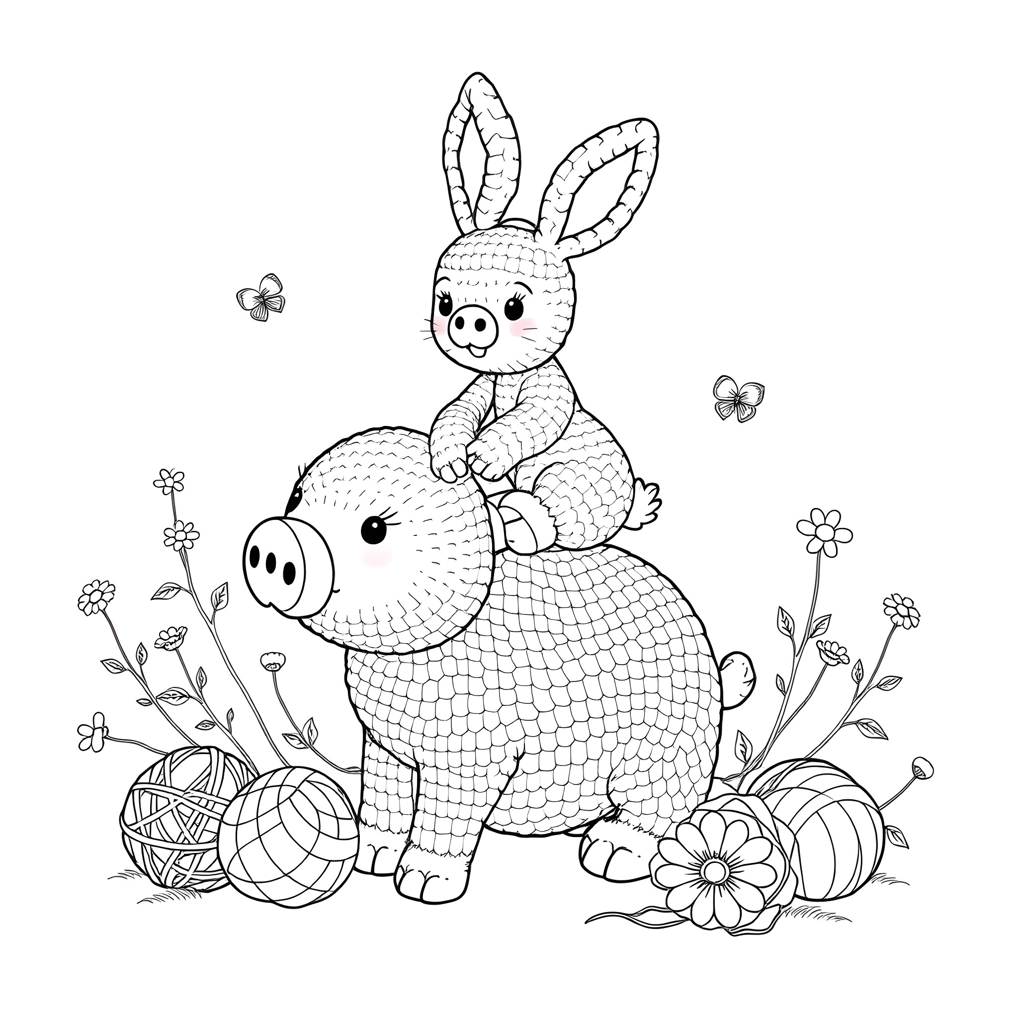 Bunny sitting on a fuzzy pig among flowers Coloring Page (free black-and-white line drawing printable PDF for all, from beginners to advanced learners, including children, teens, adults, and seniors)