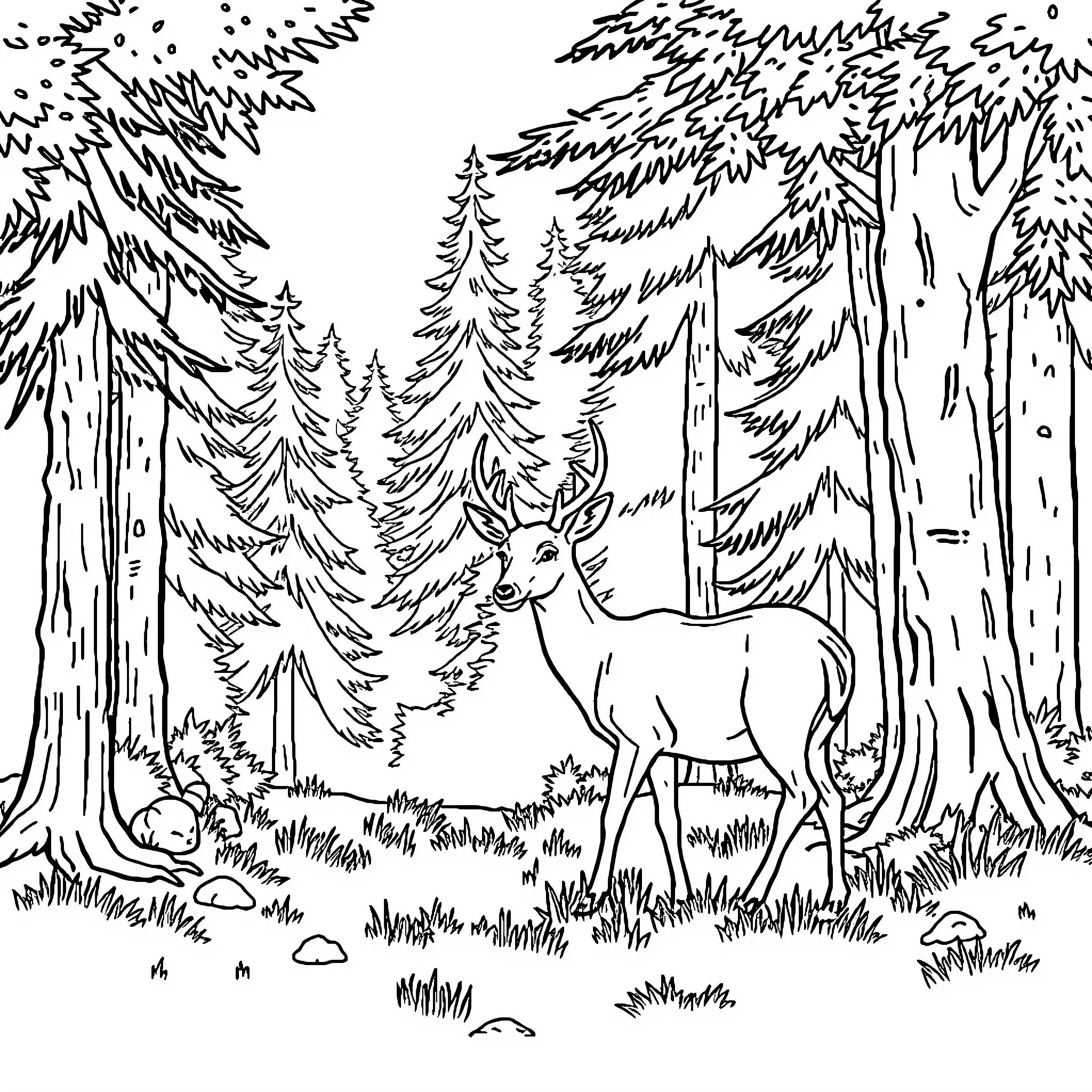Deer in the Enchanted Forest Coloring Page (free black-and-white line drawing printable PDF for all, from beginners to advanced learners, including children, teens, adults, and seniors)
