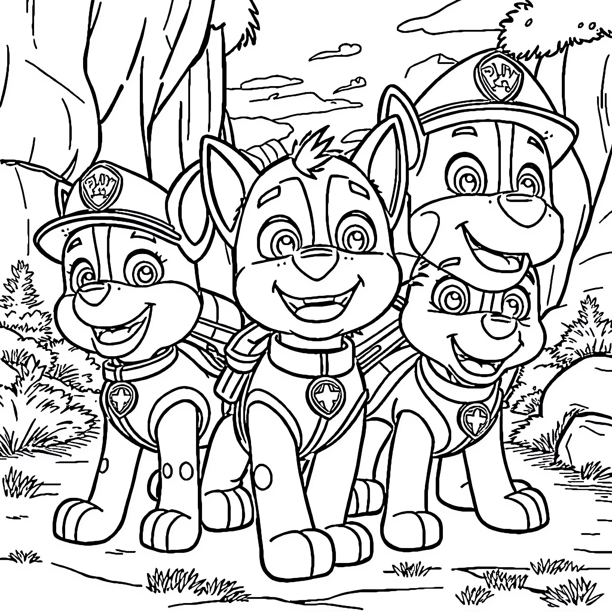 Paw Patrol puppies enjoying an adventure in the woods Coloring Page (free black-and-white line drawing printable PDF for all, from beginners to advanced learners, including children, teens, adults, and seniors)