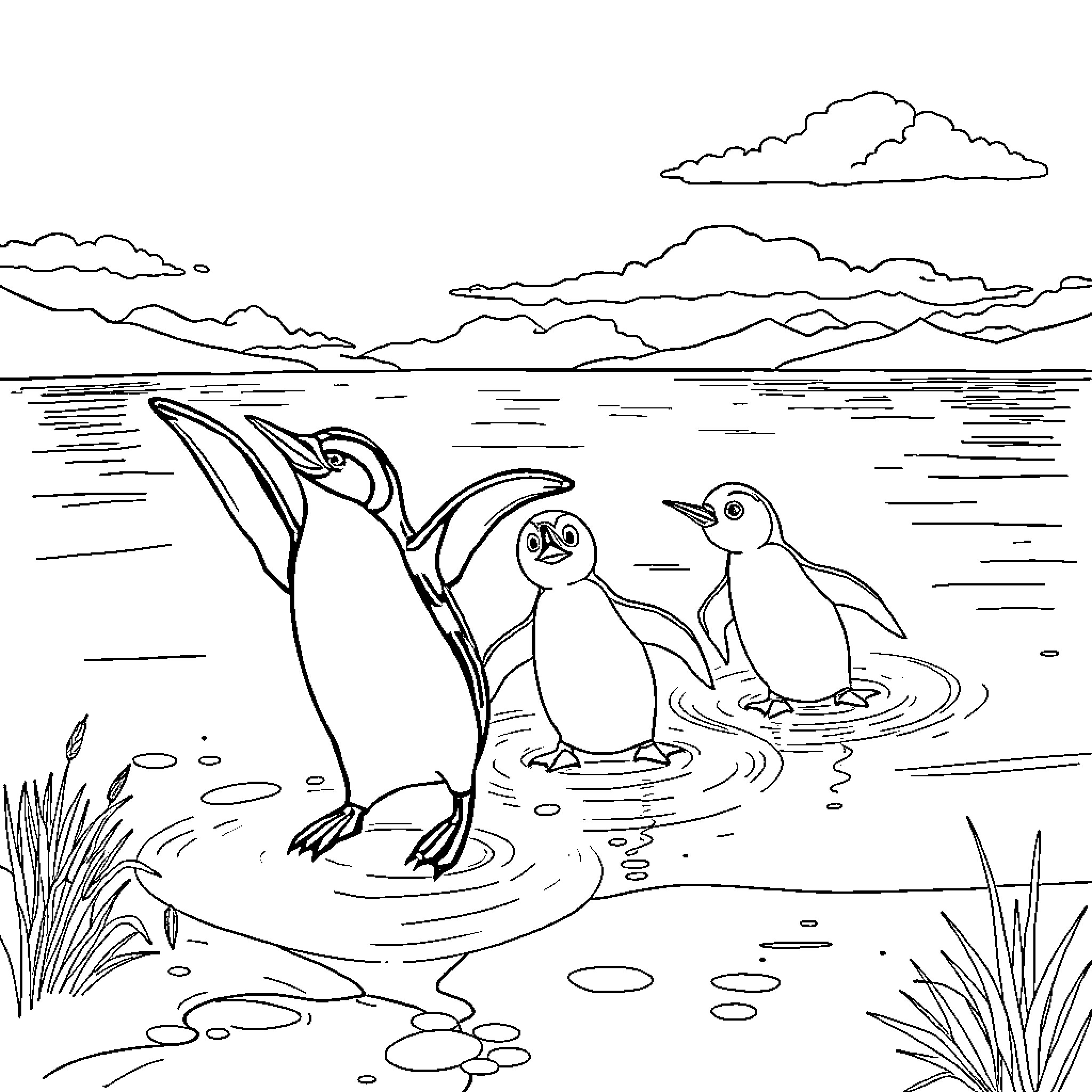 Penguin playing and swimming in the lake Coloring Page (free black-and-white line drawing printable PDF for all, from beginners to advanced learners, including children, teens, adults, and seniors)