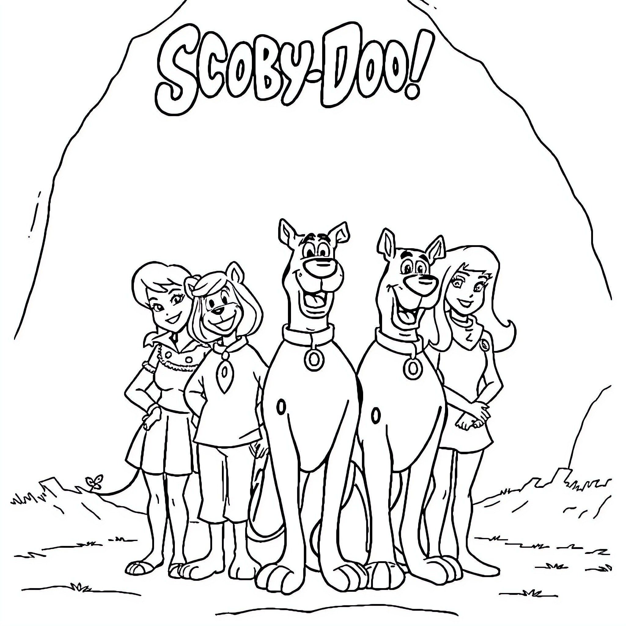 Scooby Doo and his friends in action Coloring Page (free black-and-white line drawing printable PDF for all, from beginners to advanced learners, including children, teens, adults, and seniors)