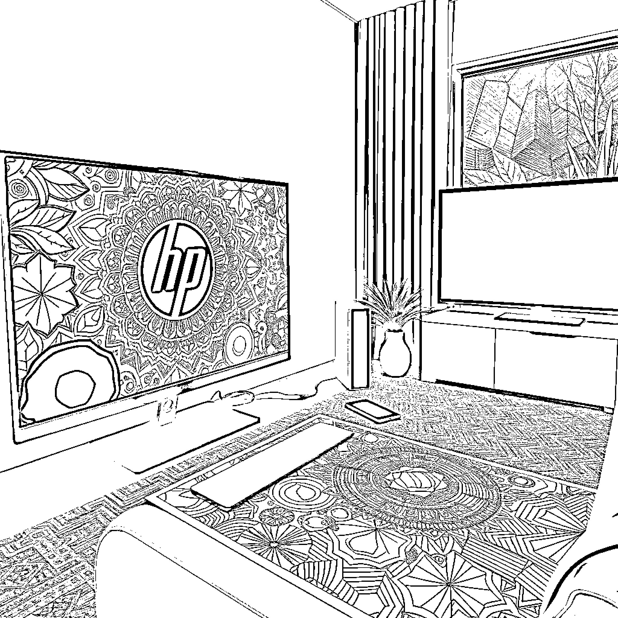 Chromebook in a Cozy Workspace with Patterned Decor Coloring Page (free black-and-white line drawing printable PDF for all, from beginners to advanced learners, including children, teens, adults, and seniors)