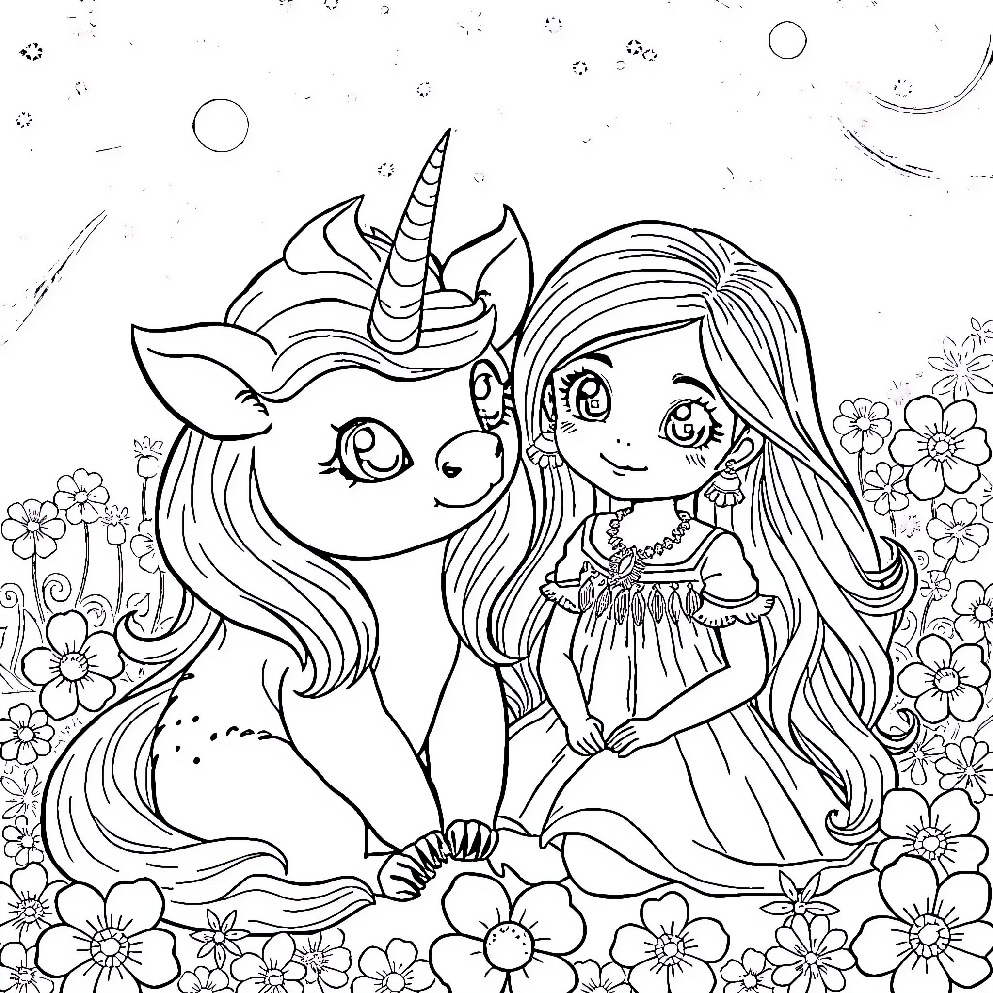 Slothicorn and the Flower Girl's Playful Adventure Coloring Page (free black-and-white line drawing printable PDF for all, from beginners to advanced learners, including children, teens, adults, and seniors)