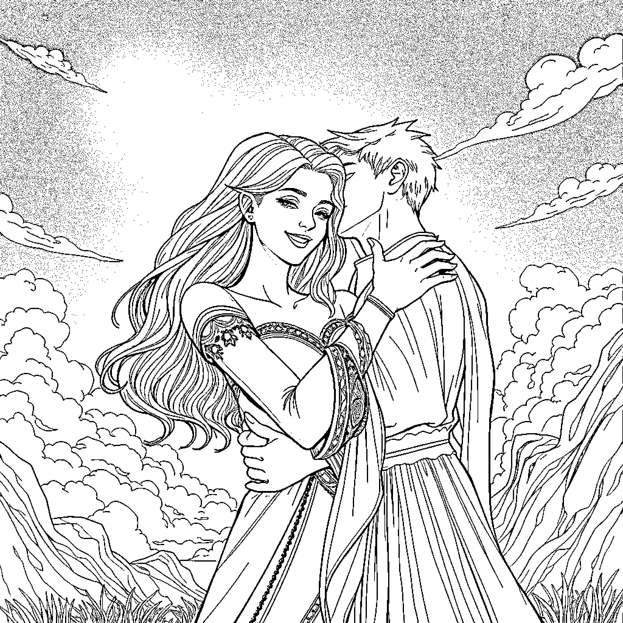 Aelin and her lover embrace in the enchanted forest Coloring Page (free black-and-white line drawing printable PDF for all, from beginners to advanced learners, including children, teens, adults, and seniors)