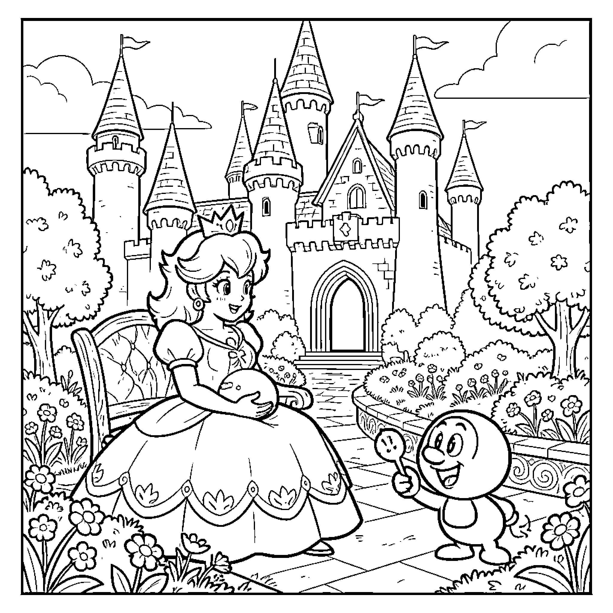 Princess sitting on a bench in a royal garden Coloring Page (free black-and-white line drawing printable PDF for all, from beginners to advanced learners, including children, teens, adults, and seniors)