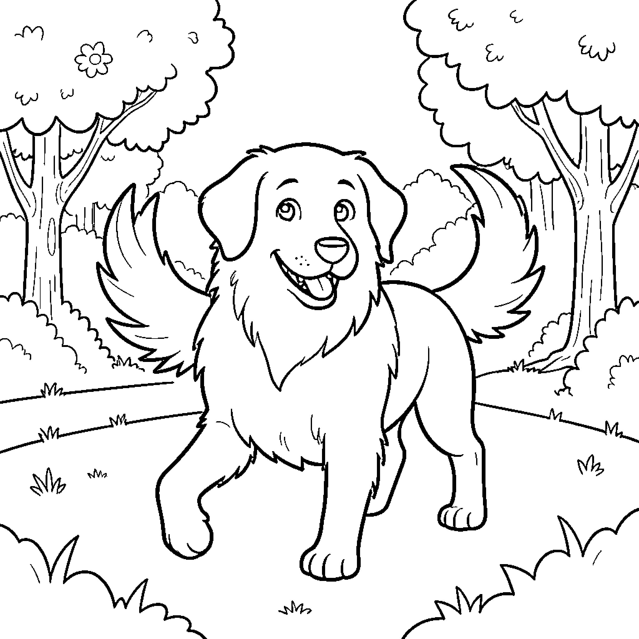 Dog playing happily in the forest Coloring Page (free black-and-white line drawing printable PDF for all, from beginners to advanced learners, including children, teens, adults, and seniors)