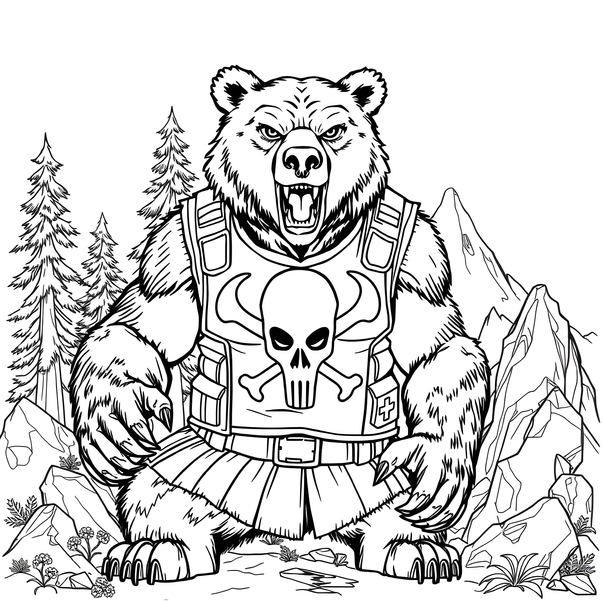 Bear in Tactical Gear in Mountain Landscape Coloring Page (free black-and-white line drawing printable PDF for all, from beginners to advanced learners, including children, teens, adults, and seniors)