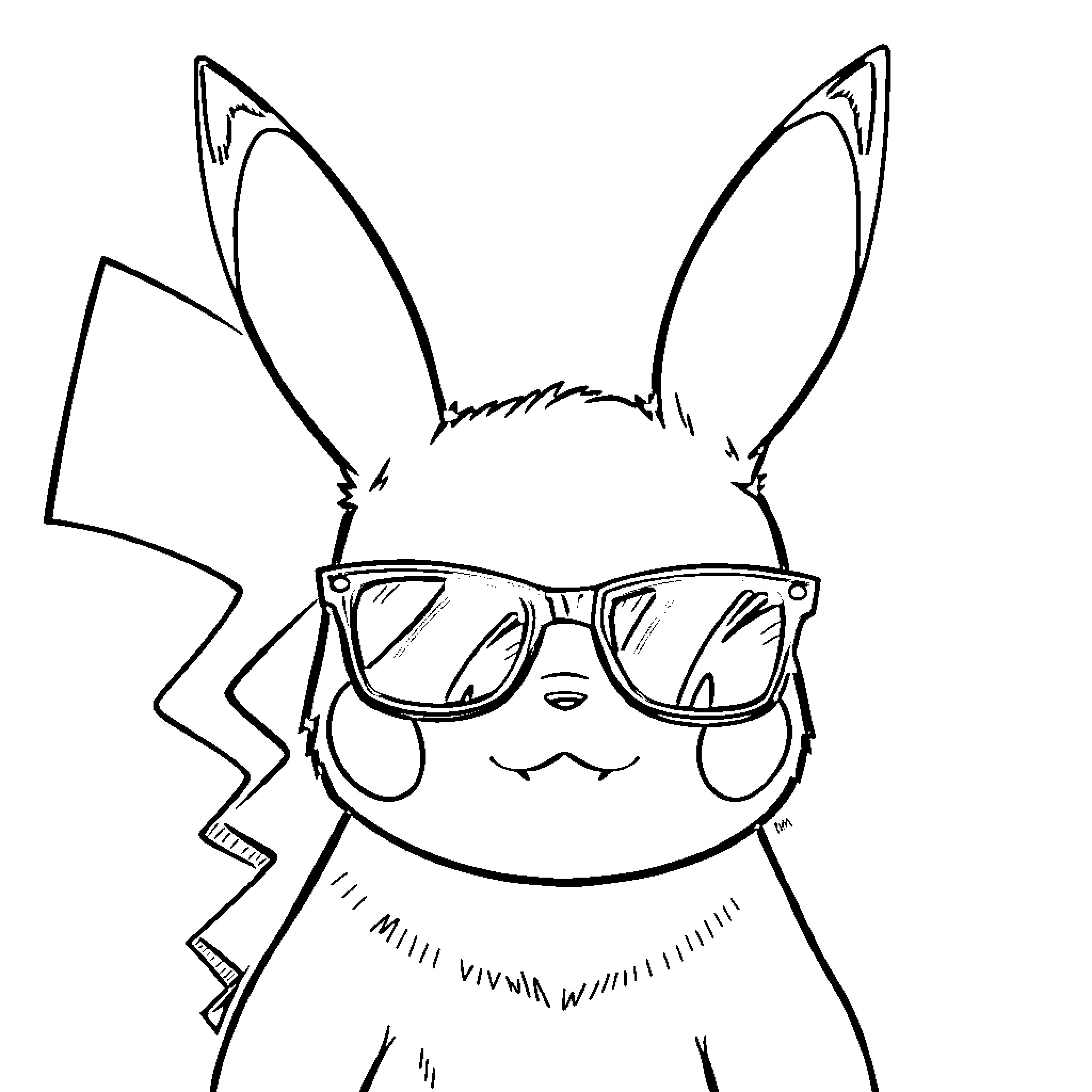 Pikachu wearing cool sunglasses Coloring Page (free black-and-white line drawing printable PDF for all, from beginners to advanced learners, including children, teens, adults, and seniors)