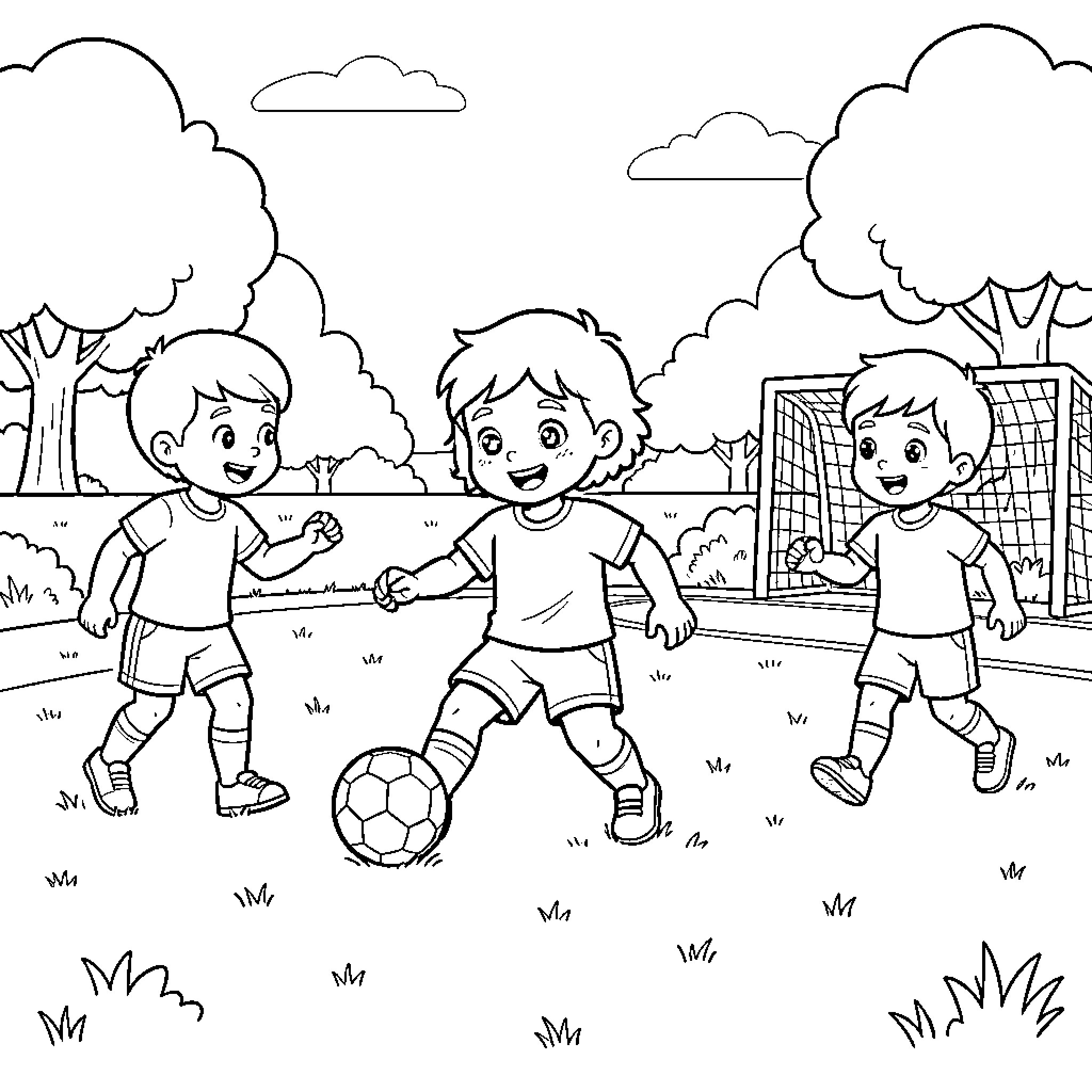 Baby boys playing soccer together in a field Coloring Page (free black-and-white line drawing printable PDF for all, from beginners to advanced learners, including children, teens, adults, and seniors)