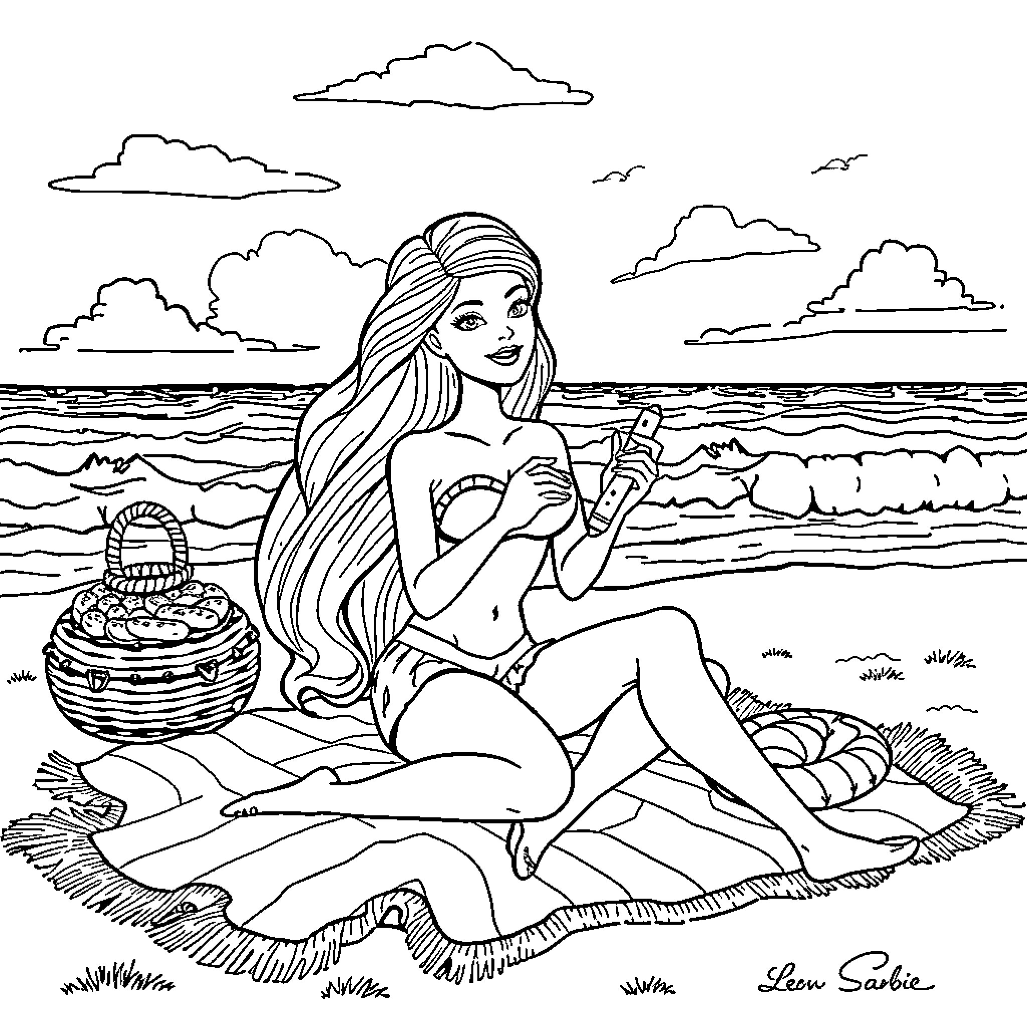 Barbie relaxing on the beach with picnic basket Coloring Page (free black-and-white line drawing printable PDF for all, from beginners to advanced learners, including children, teens, adults, and seniors)
