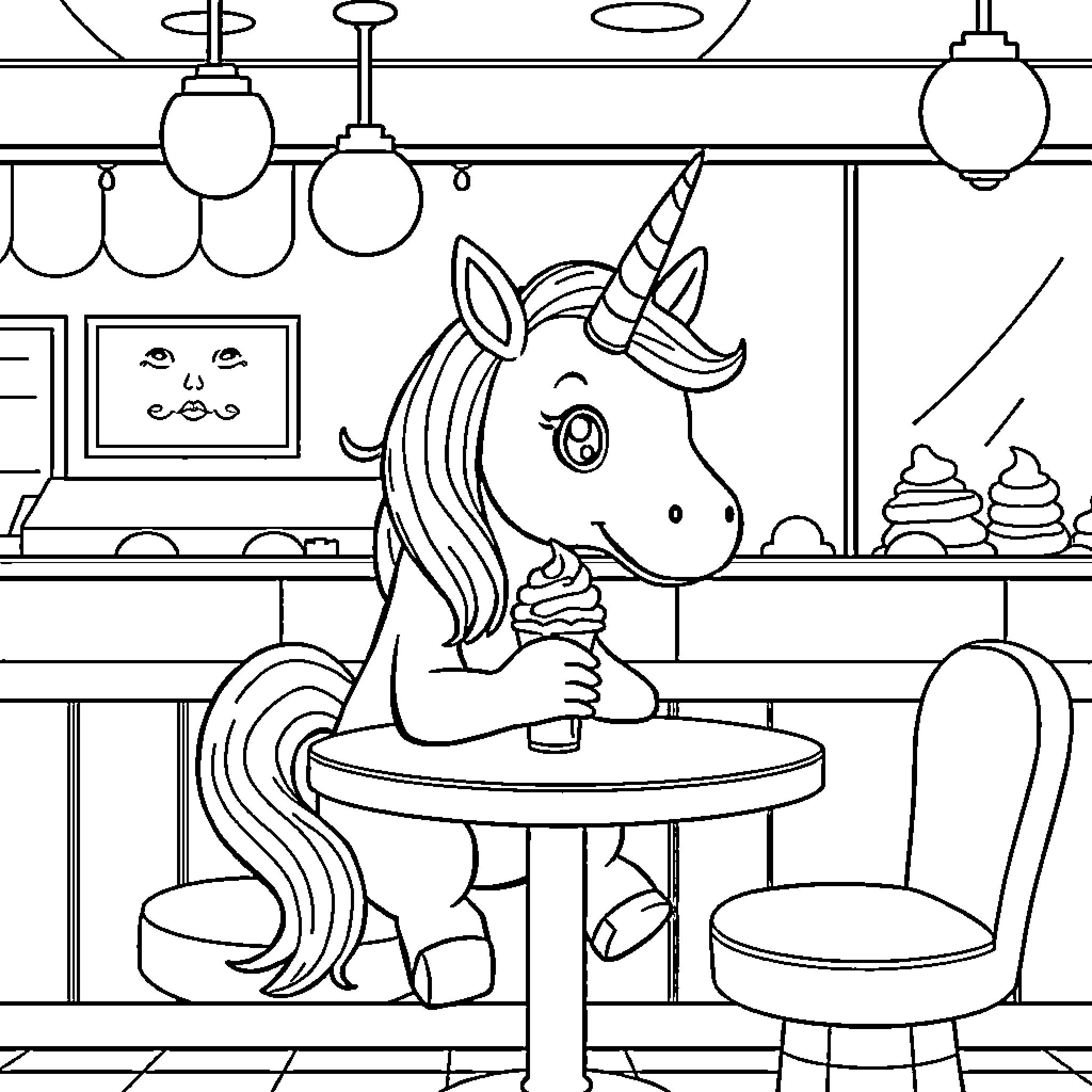 Unicorn enjoying a sweet treat in a cozy cafe Coloring Page (free black-and-white line drawing printable PDF for all, from beginners to advanced learners, including children, teens, adults, and seniors)