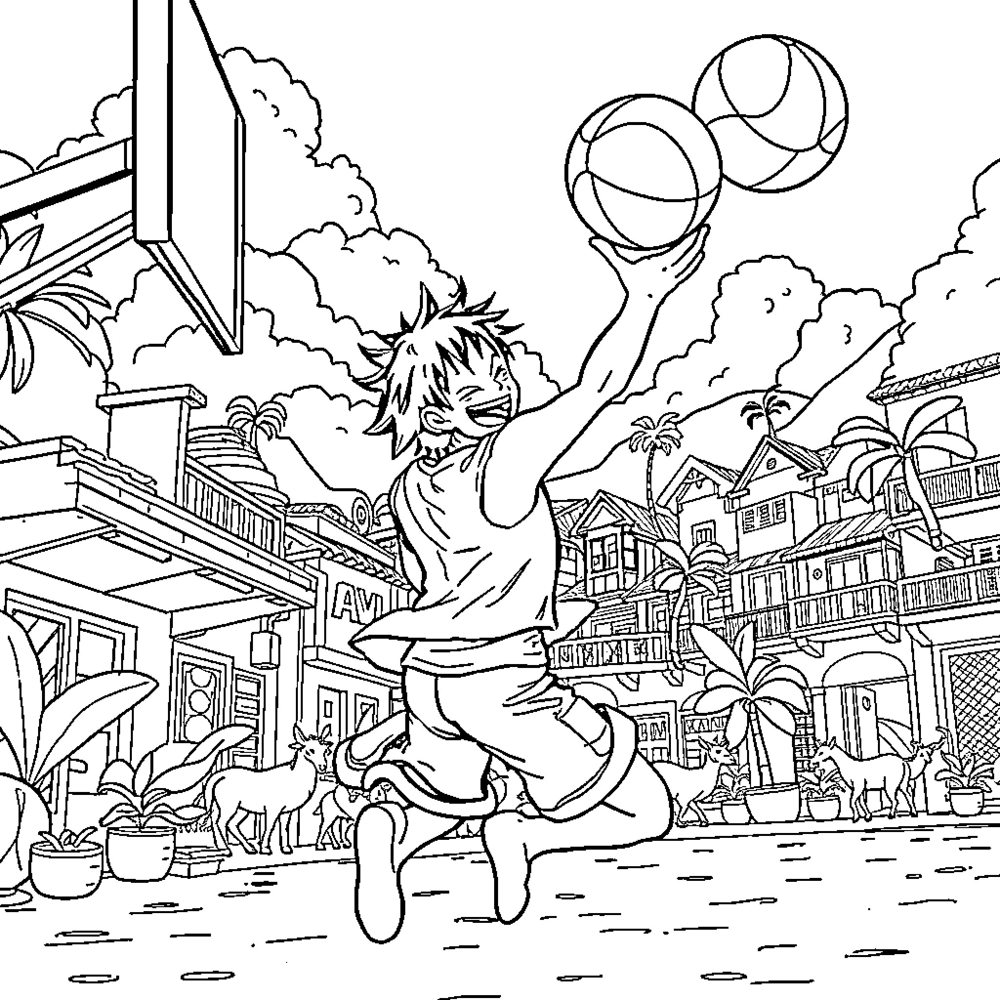 Luffy's Playful Antics in the Bustling Town Coloring Page (free black-and-white line drawing printable PDF for all, from beginners to advanced learners, including children, teens, adults, and seniors)