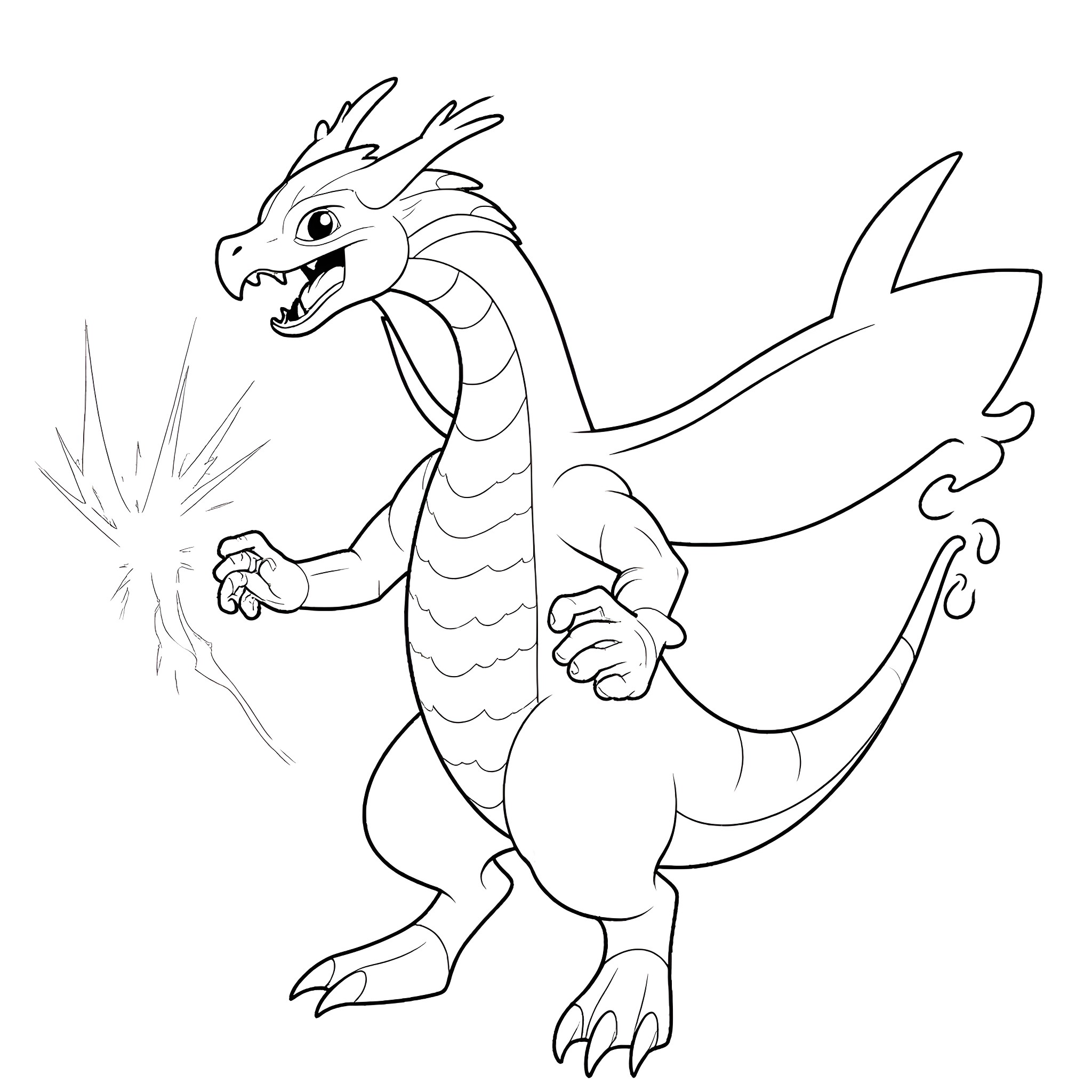 Zekrom using powerful electric attack Coloring Page (free black-and-white line drawing printable PDF for all, from beginners to advanced learners, including children, teens, adults, and seniors)