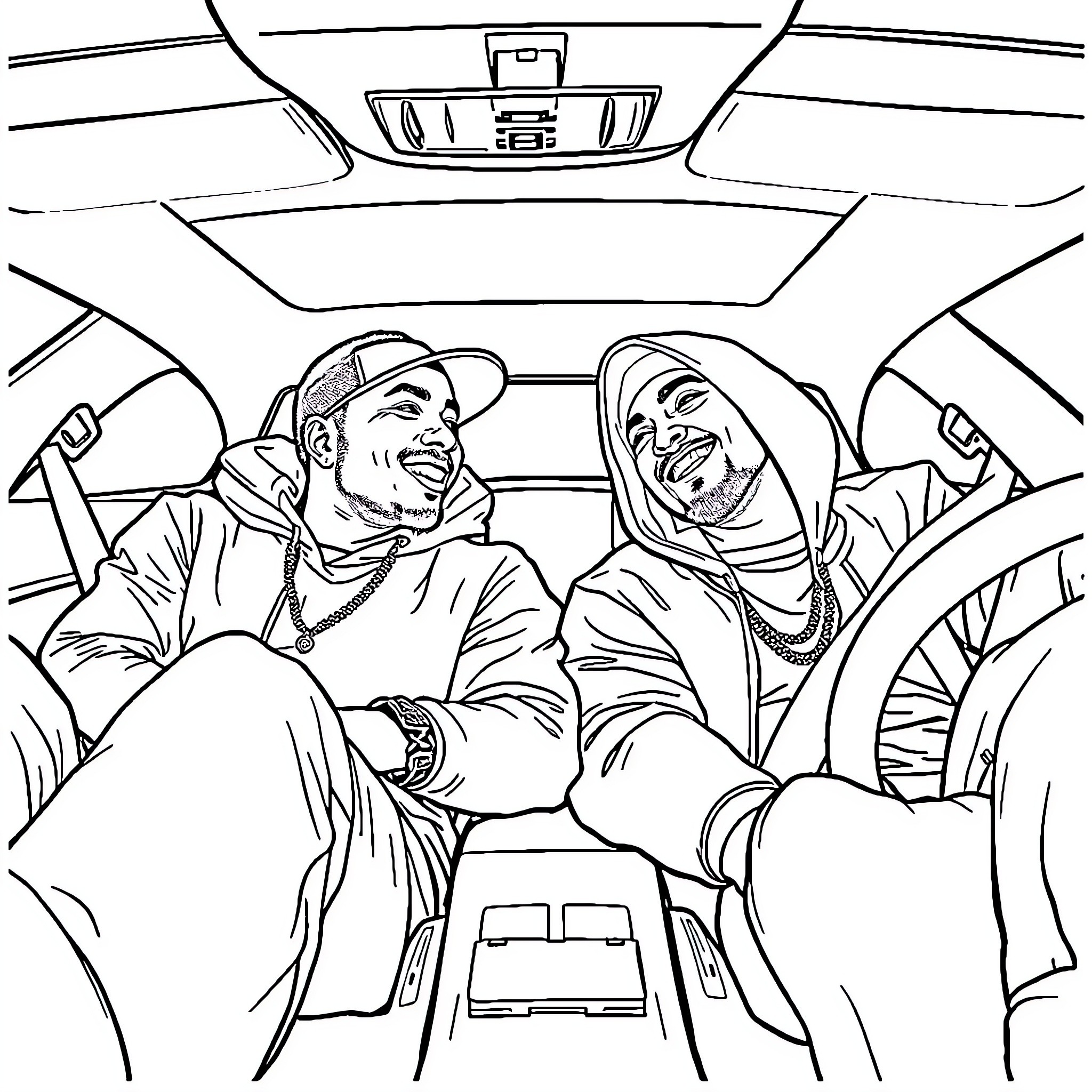 Kendrick Lamar and companion in lively conversation inside vehicle Coloring Page (free black-and-white line drawing printable PDF for all, from beginners to advanced learners, including children, teens, adults, and seniors)