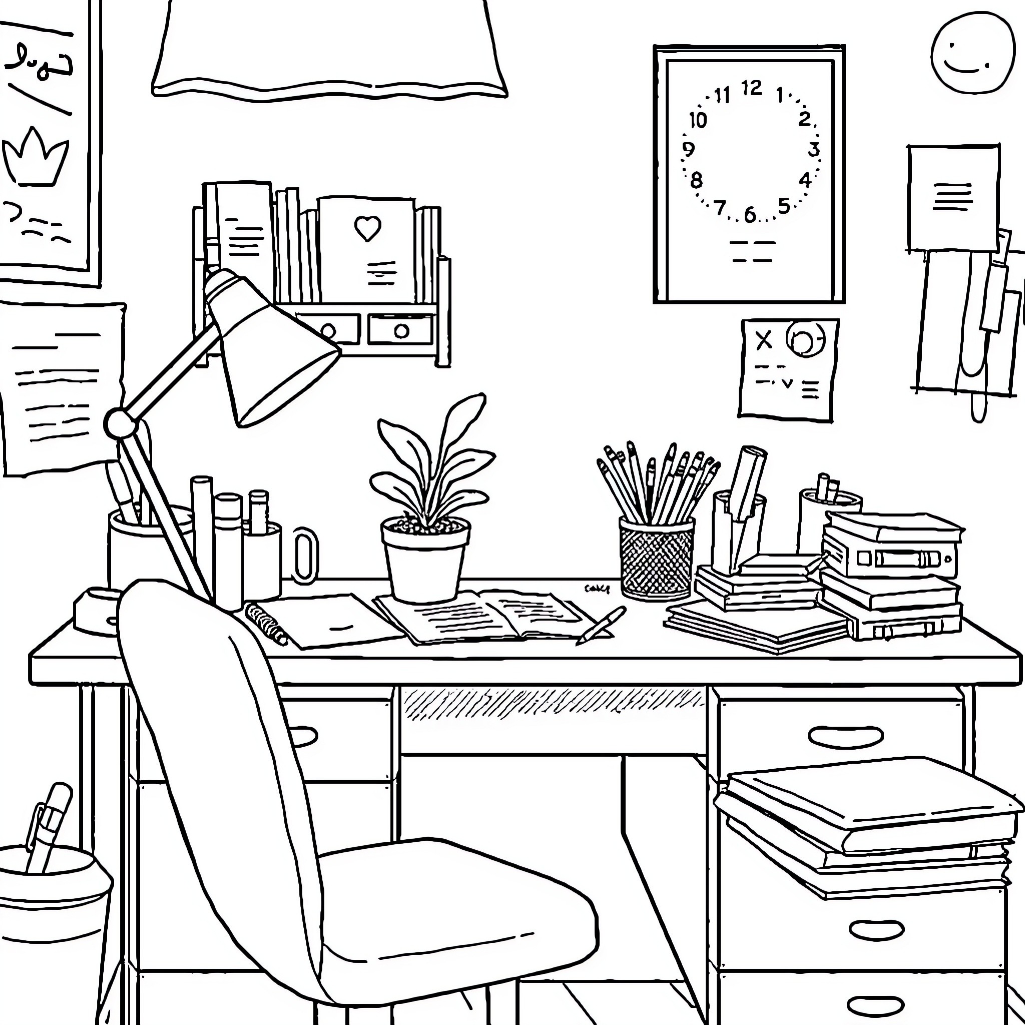 Rose's Desk and Study Corner Coloring Page (free black-and-white line drawing printable PDF for all, from beginners to advanced learners, including children, teens, adults, and seniors)