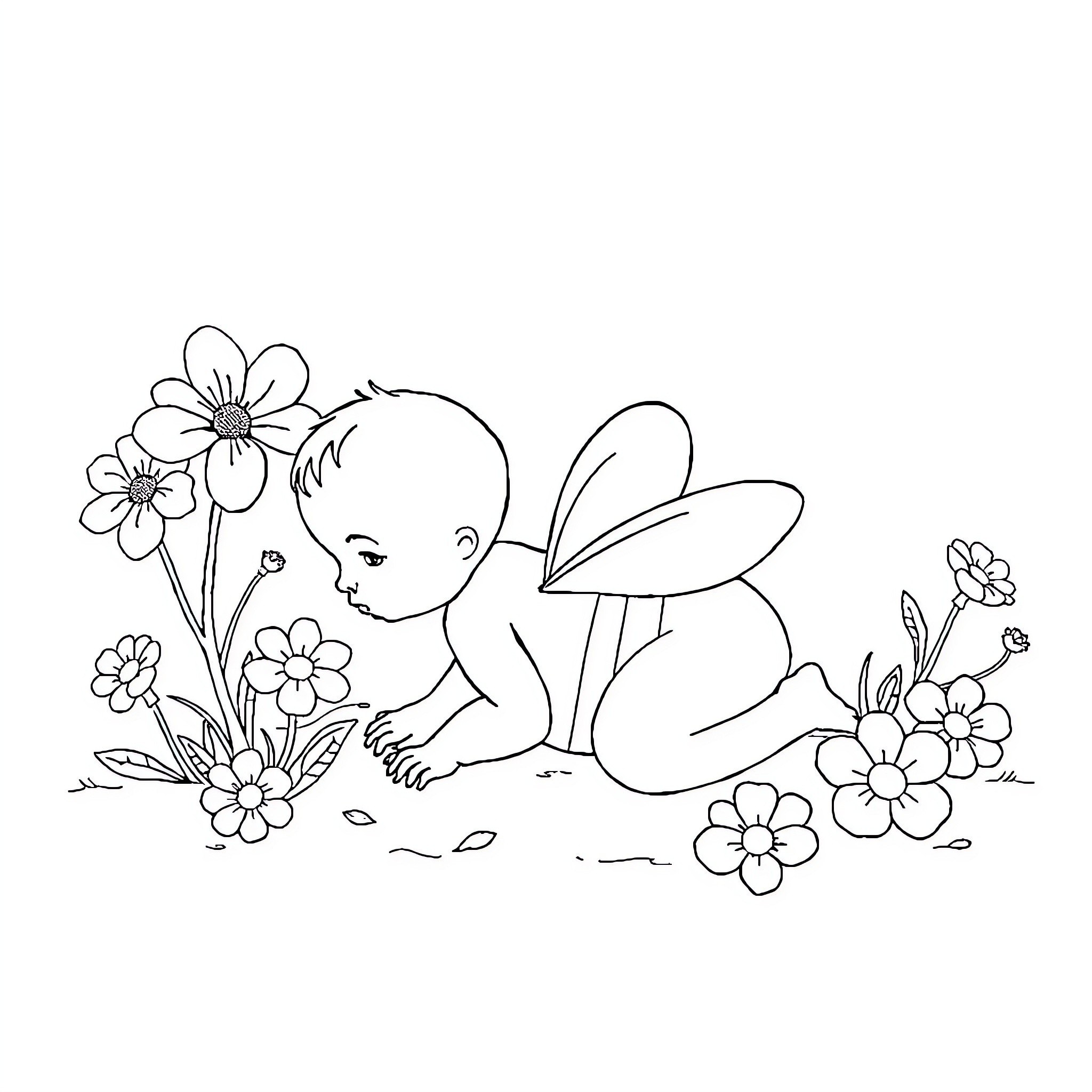 Bebe exploring the floral garden Coloring Page (free black-and-white line drawing printable PDF for all, from beginners to advanced learners, including children, teens, adults, and seniors)