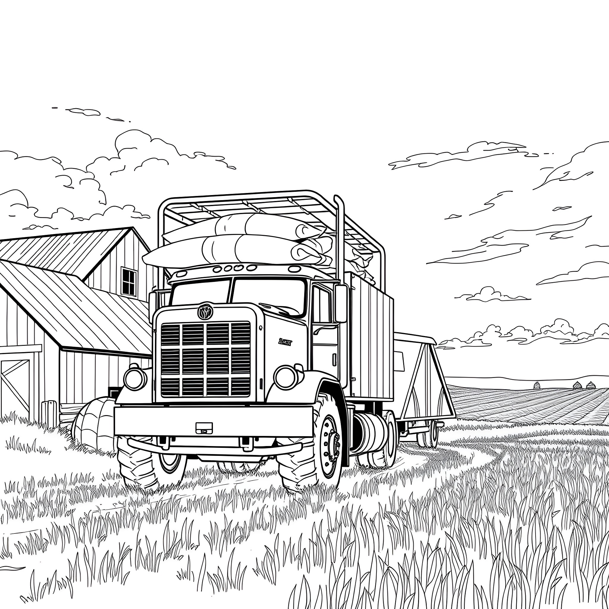 Grain Truck Transporting Crops on the Farm Coloring Page (free black-and-white line drawing printable PDF for all, from beginners to advanced learners, including children, teens, adults, and seniors)