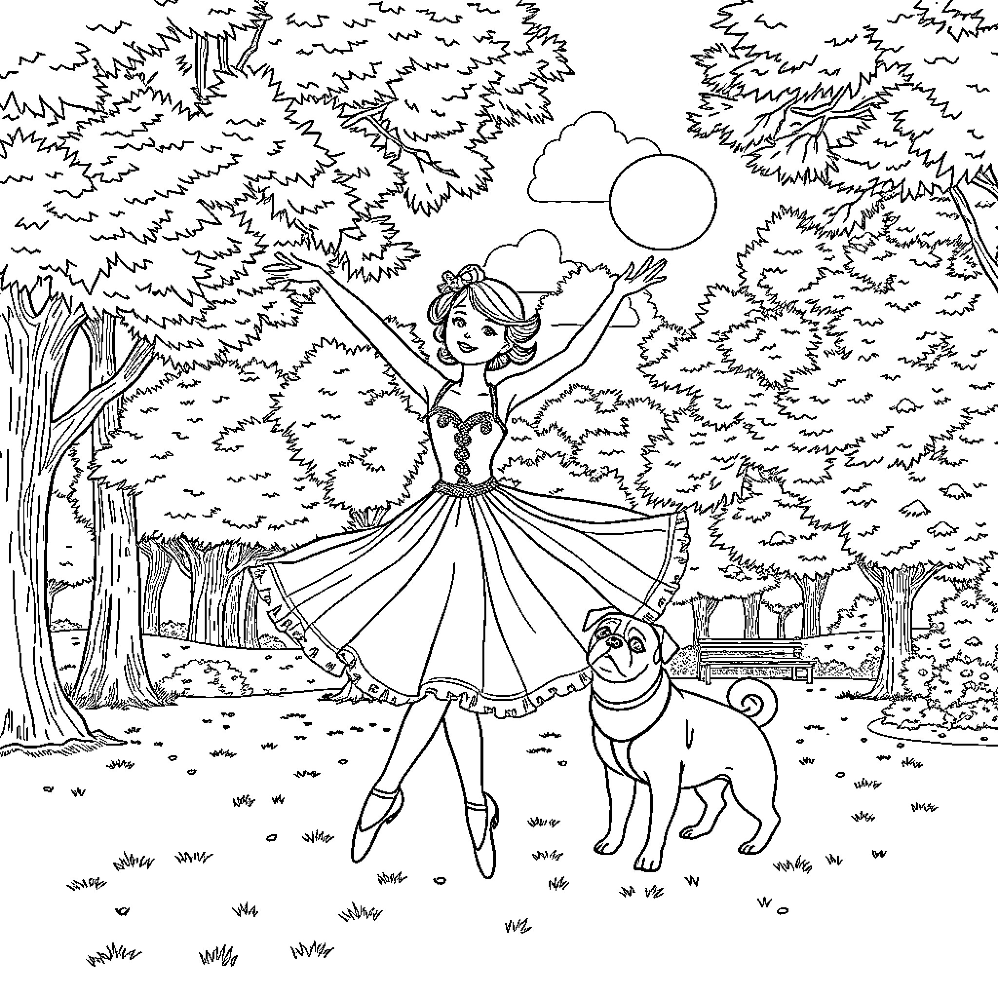 Ballerina performing graceful dance with pet dog in the forest Coloring Page (free black-and-white line drawing printable PDF for all, from beginners to advanced learners, including children, teens, adults, and seniors)
