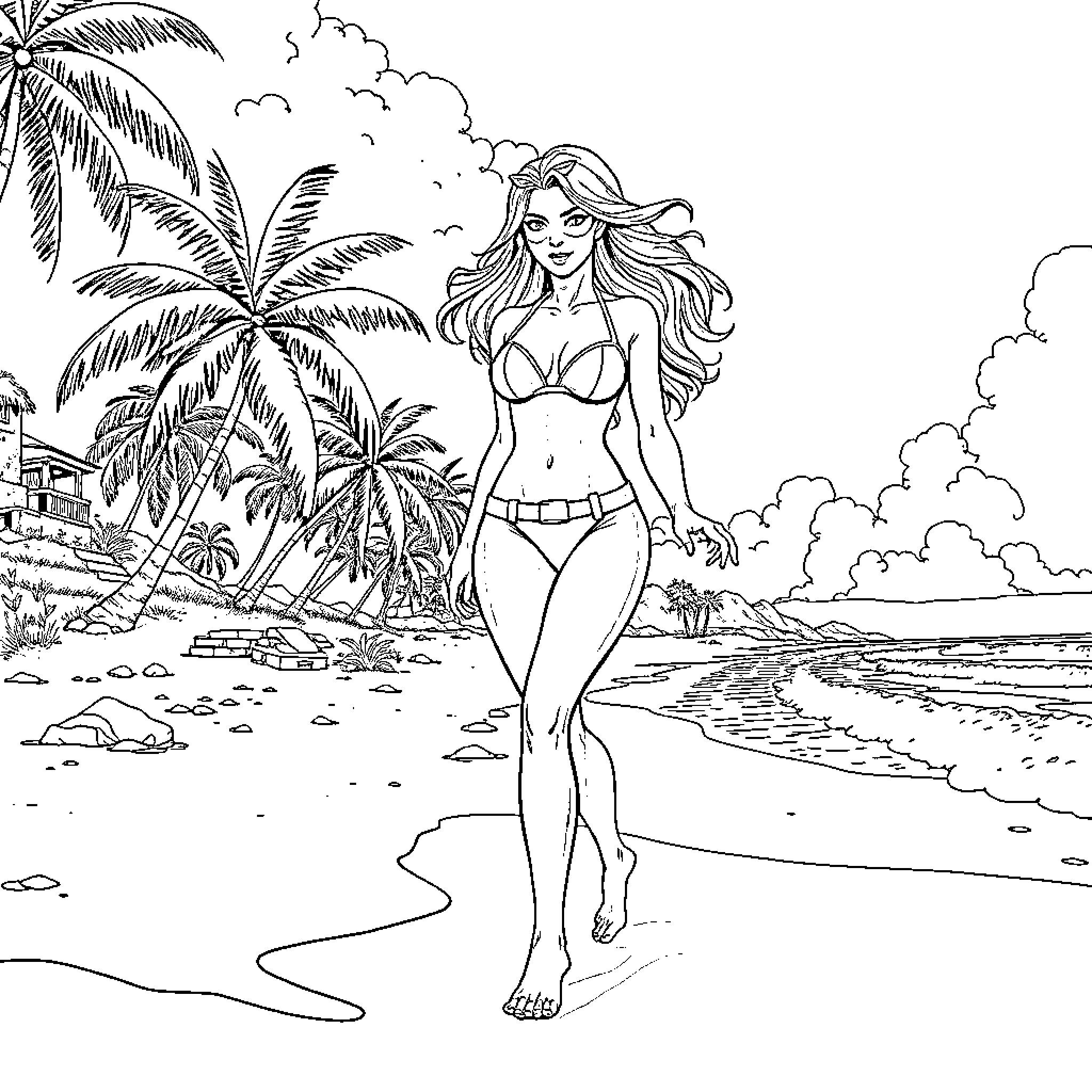 Rogue Beach Vixen Strolling Amidst Palm Trees Coloring Page (free black-and-white line drawing printable PDF for all, from beginners to advanced learners, including children, teens, adults, and seniors)