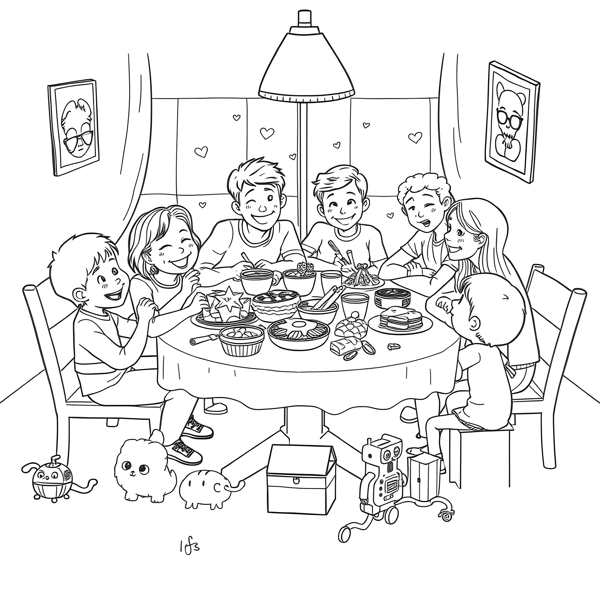 Toy family sharing meal together at the table Coloring Page (free black-and-white line drawing printable PDF for all, from beginners to advanced learners, including children, teens, adults, and seniors)