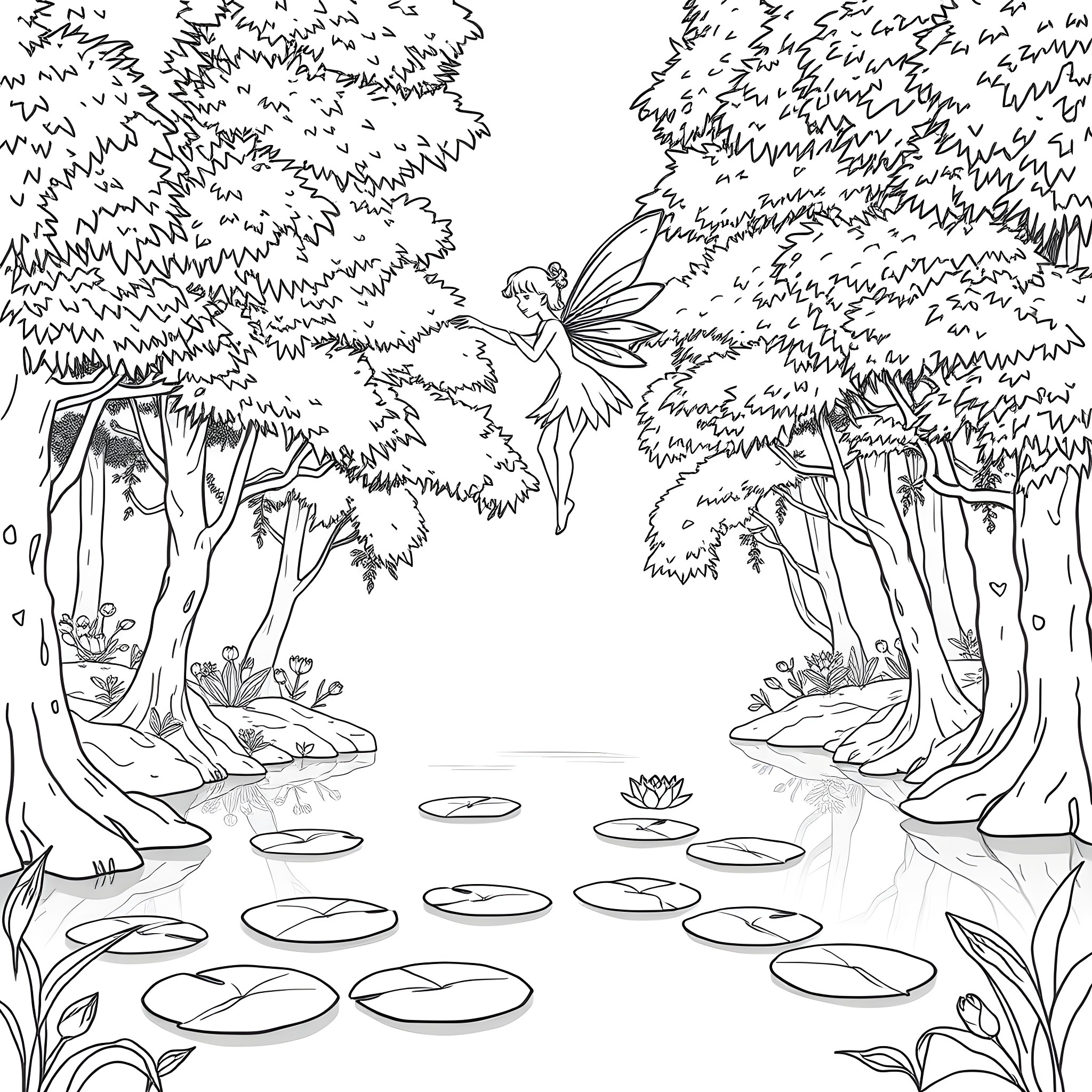 Fairy dancing in enchanted forest Coloring Page (free black-and-white line drawing printable PDF for all, from beginners to advanced learners, including children, teens, adults, and seniors)
