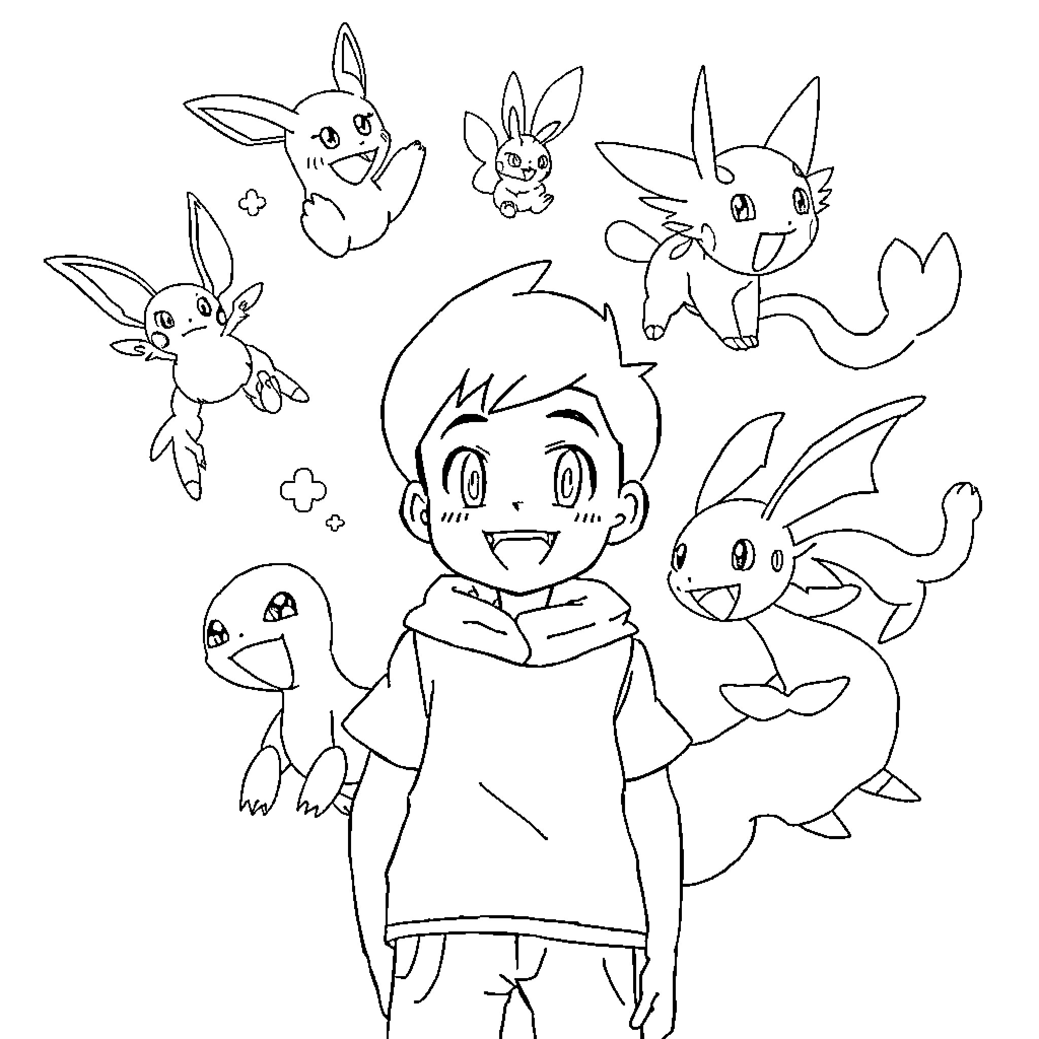 Pokémon characters interacting with a smiling boy Coloring Page (free black-and-white line drawing printable PDF for all, from beginners to advanced learners, including children, teens, adults, and seniors)