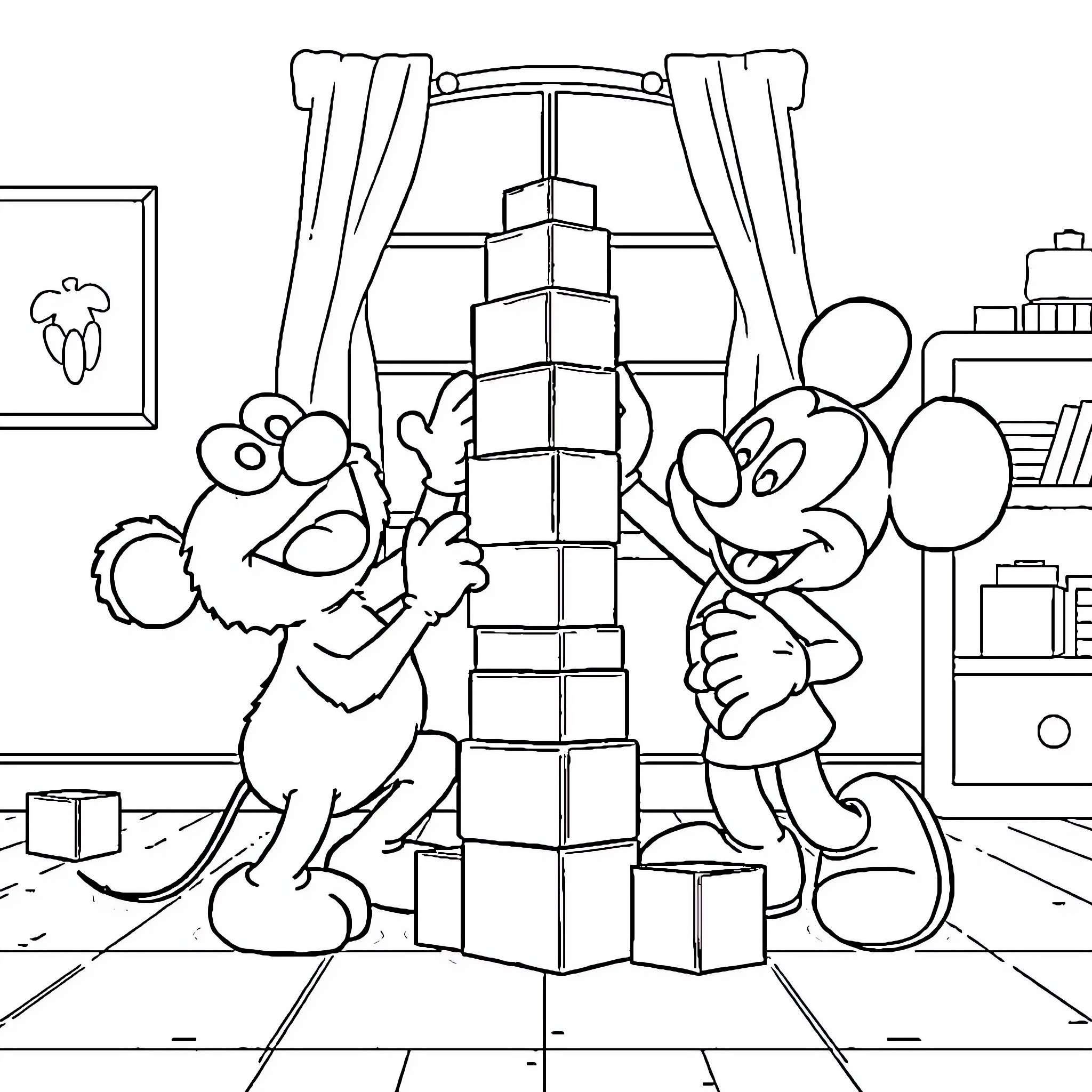 Elmo and friends playing with building blocks Coloring Page (free black-and-white line drawing printable PDF for all, from beginners to advanced learners, including children, teens, adults, and seniors)