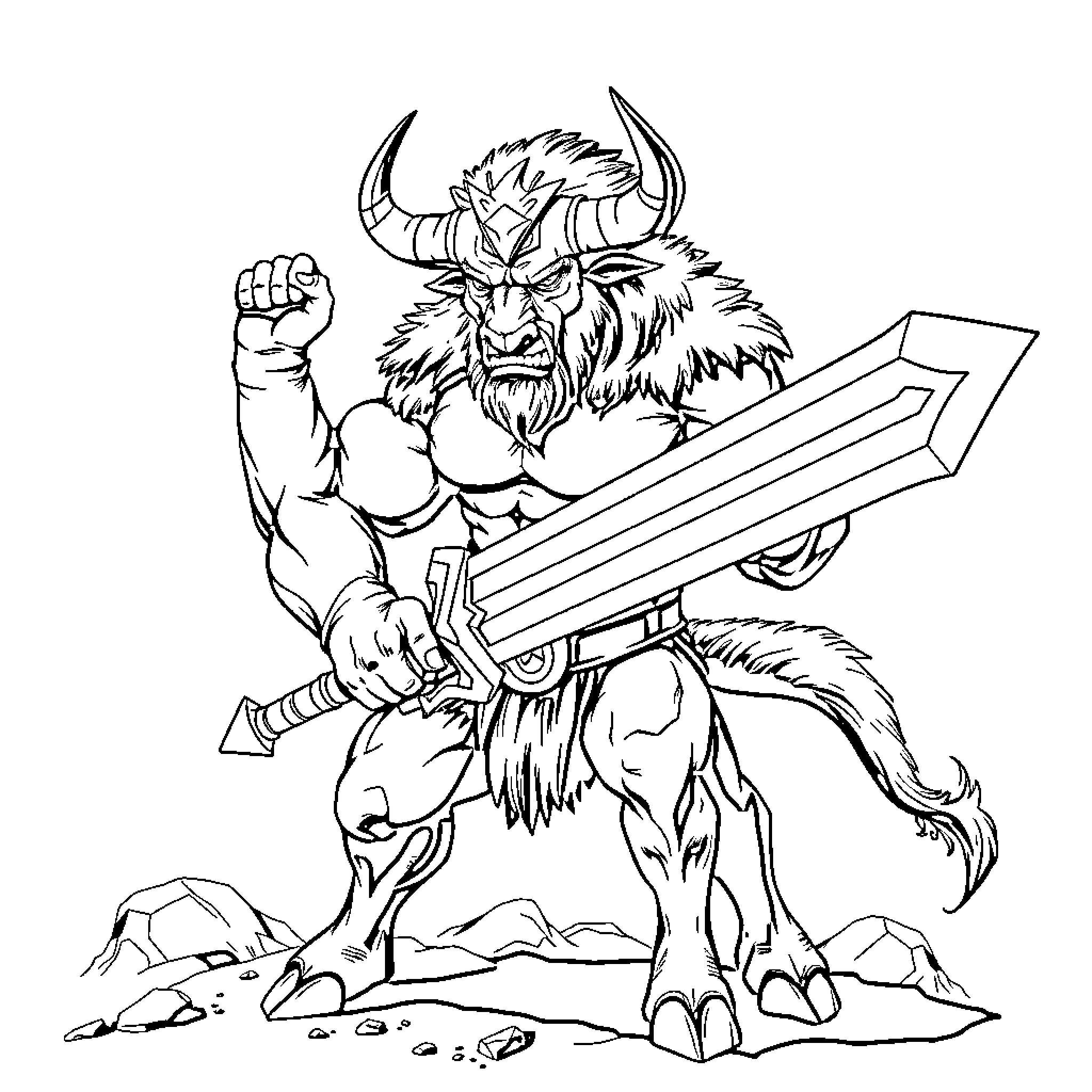 Minotaur wielding a massive sword in a fierce stance Coloring Page (free black-and-white line drawing printable PDF for all, from beginners to advanced learners, including children, teens, adults, and seniors)