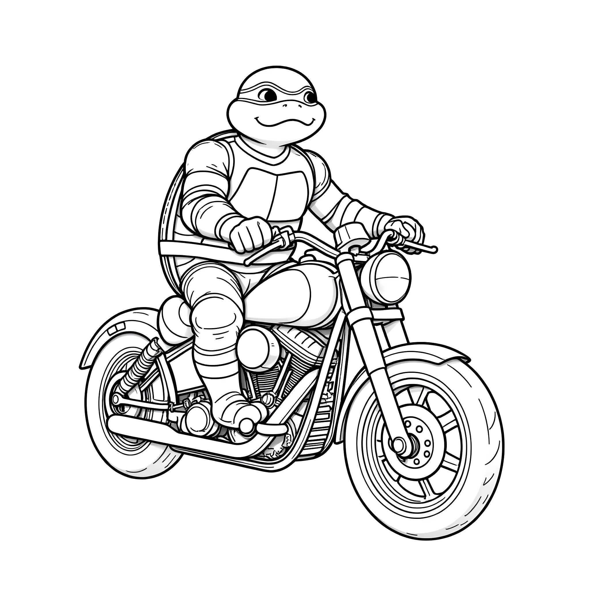 Ninja Turtle riding a motorcycle Coloring Page (free black-and-white line drawing printable PDF for all, from beginners to advanced learners, including children, teens, adults, and seniors)