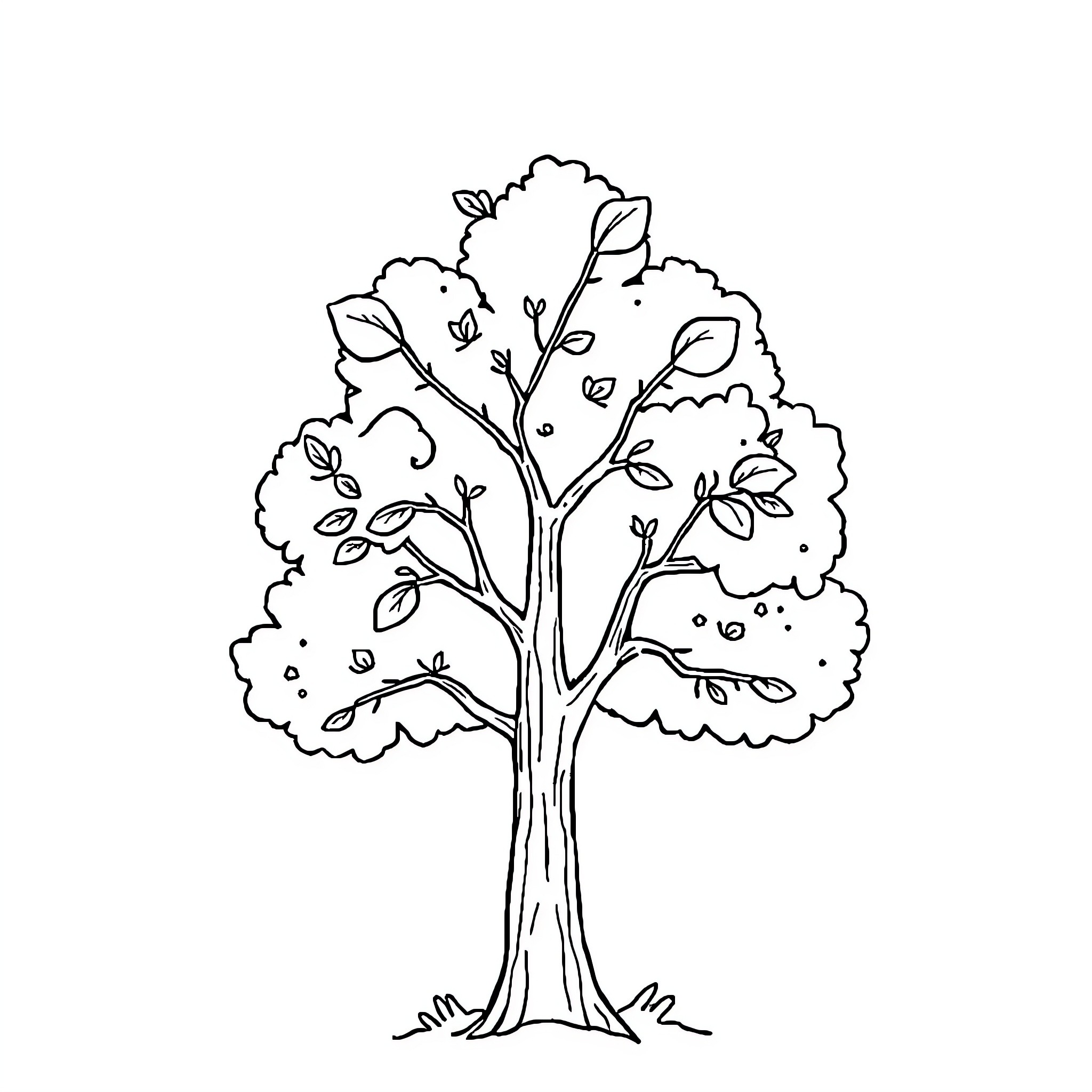 Tree with blooming leaves and branches Coloring Page (free black-and-white line drawing printable PDF for all, from beginners to advanced learners, including children, teens, adults, and seniors)