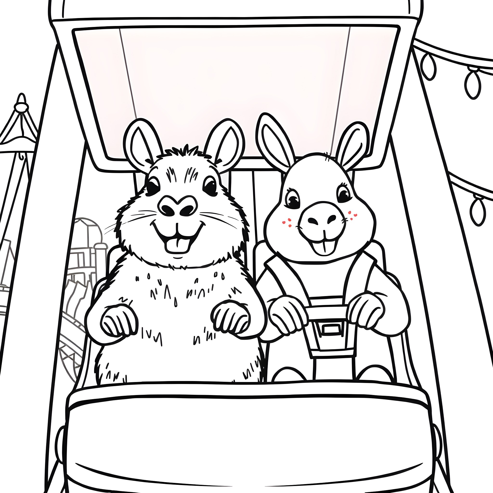 Capybara and rabbit enjoying a ride in a wagon Coloring Page (free black-and-white line drawing printable PDF for all, from beginners to advanced learners, including children, teens, adults, and seniors)