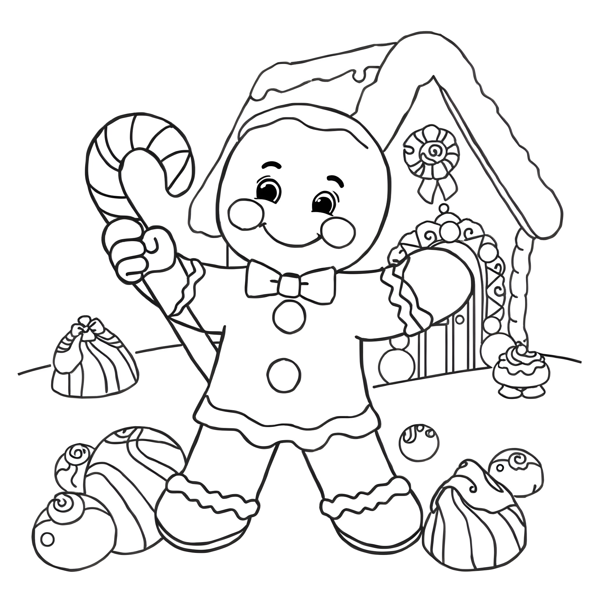 Gingerbread Man holding a candy cane in a whimsical gingerbread house Coloring Page (free black-and-white line drawing printable PDF for all, from beginners to advanced learners, including children, teens, adults, and seniors)