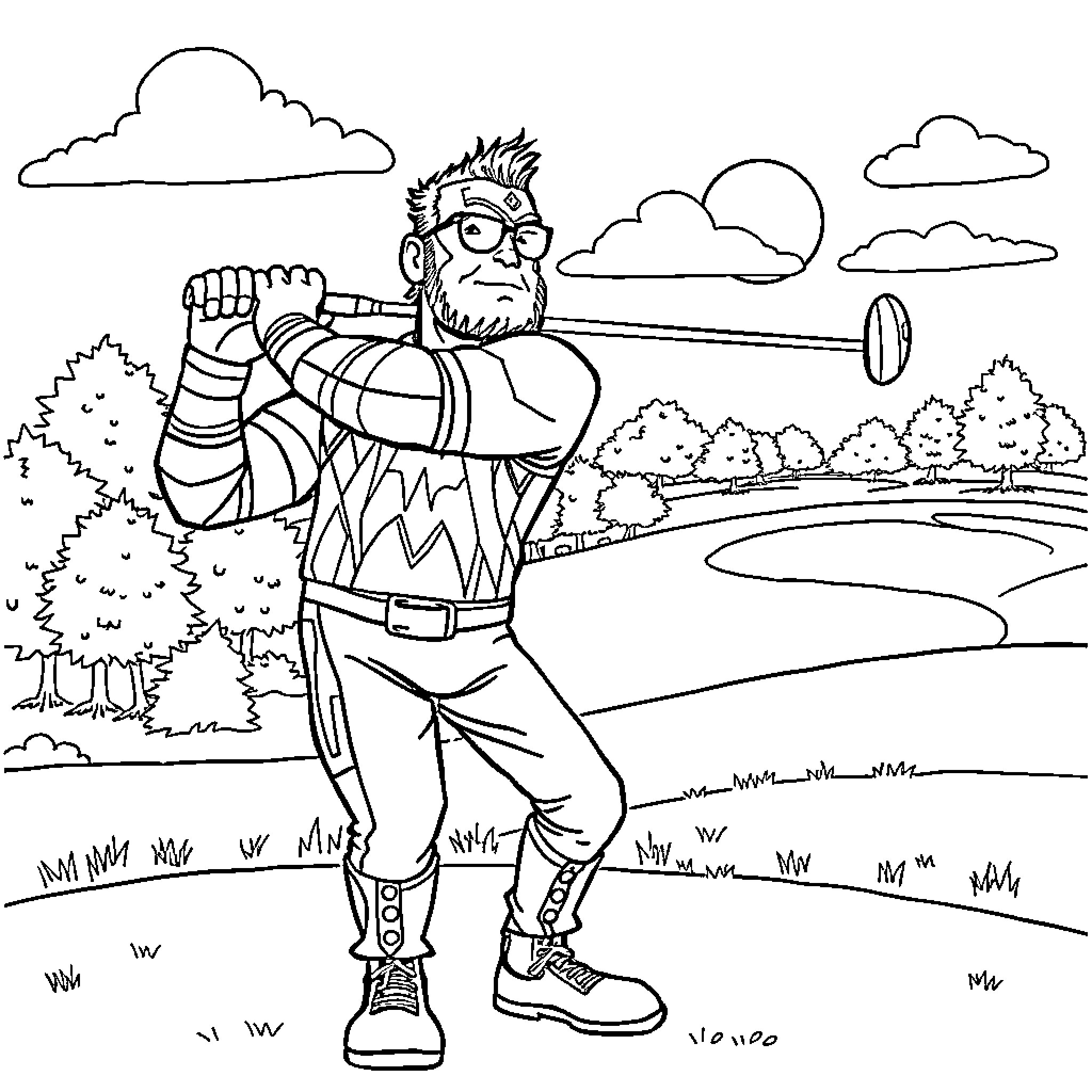 Sting of the Adventurous Hero in the Wilderness Coloring Page (free black-and-white line drawing printable PDF for all, from beginners to advanced learners, including children, teens, adults, and seniors)