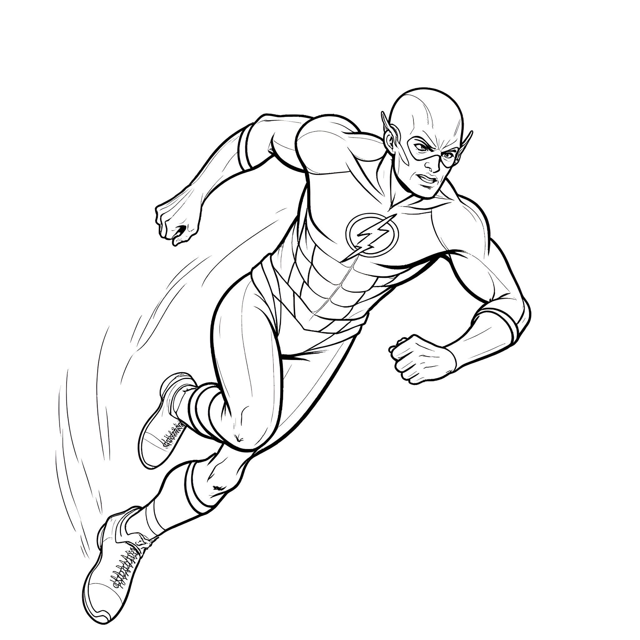Flash sprinting in heroic pose Coloring Page (free black-and-white line drawing printable PDF for all, from beginners to advanced learners, including children, teens, adults, and seniors)
