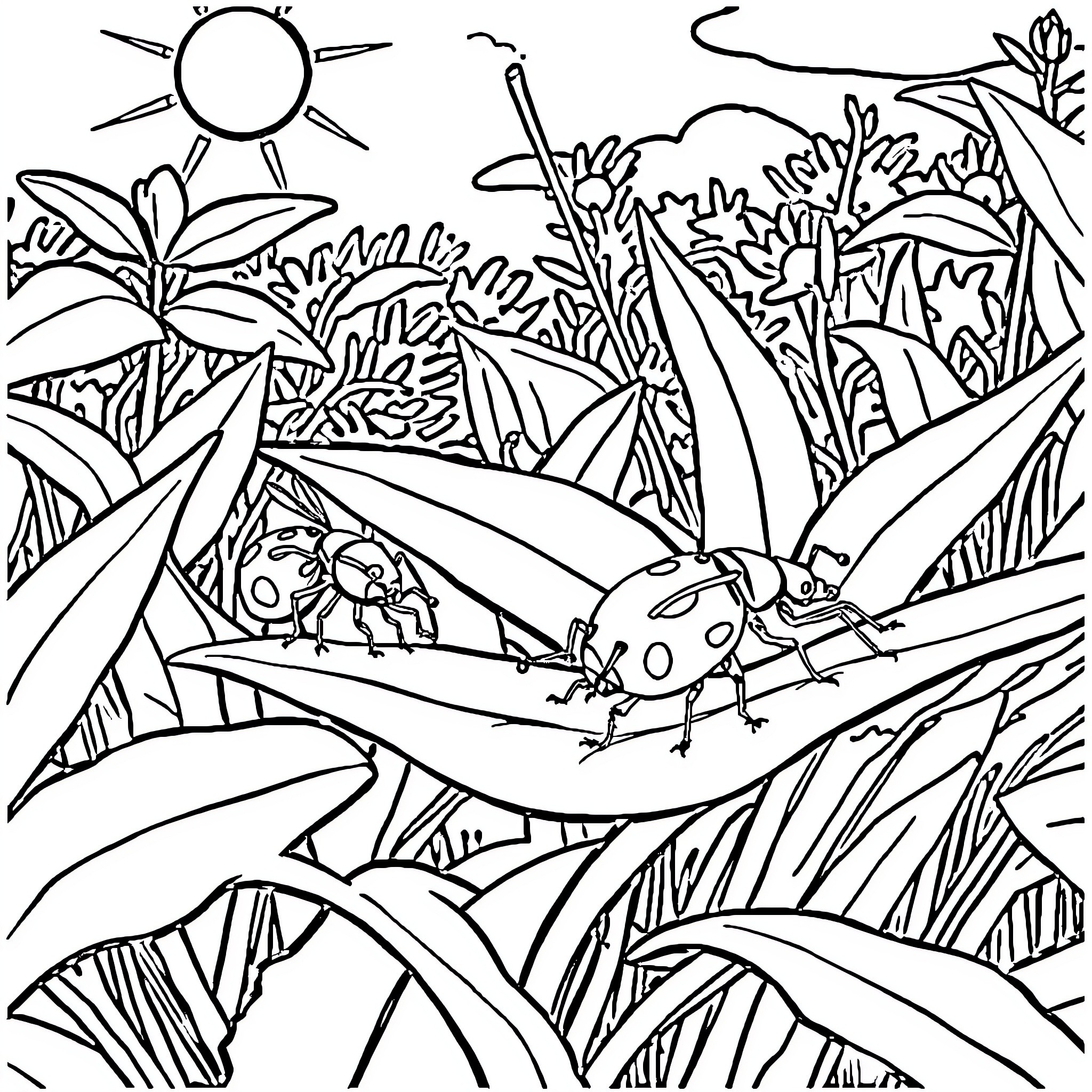 Bugs resting in the lush jungle environment Coloring Page (free black-and-white line drawing printable PDF for all, from beginners to advanced learners, including children, teens, adults, and seniors)